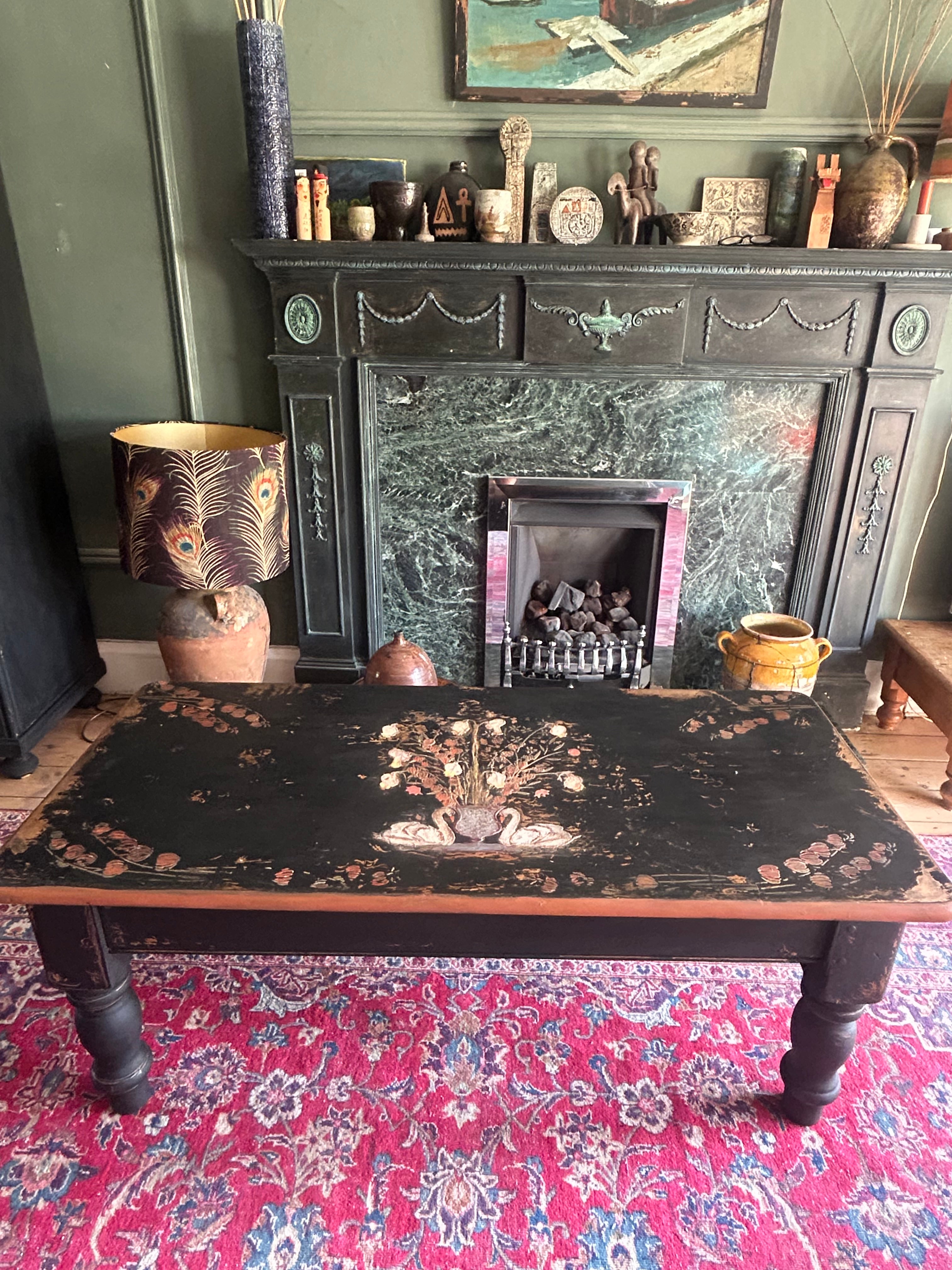Vintage Painted Coffee Table with Folk Art Design