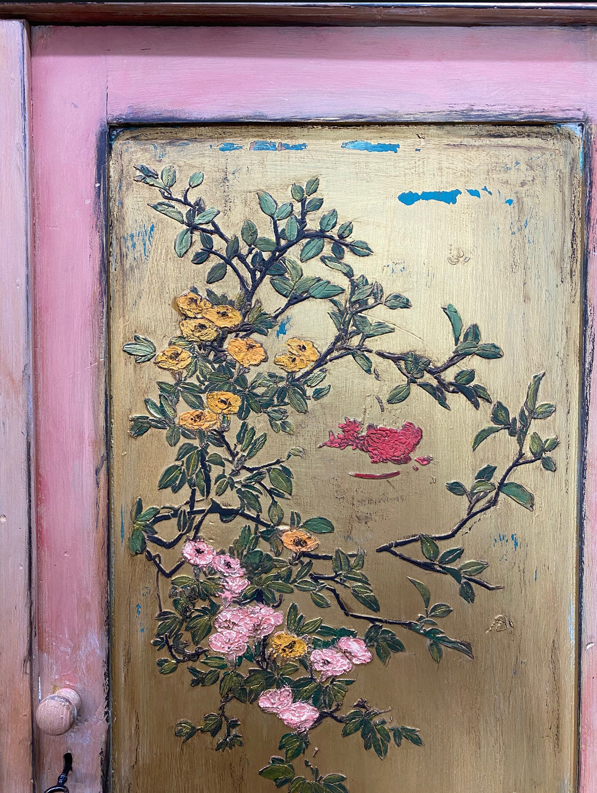 Vintage Pine Knockdown Painted Wardrobe with Chinoiserie Panels