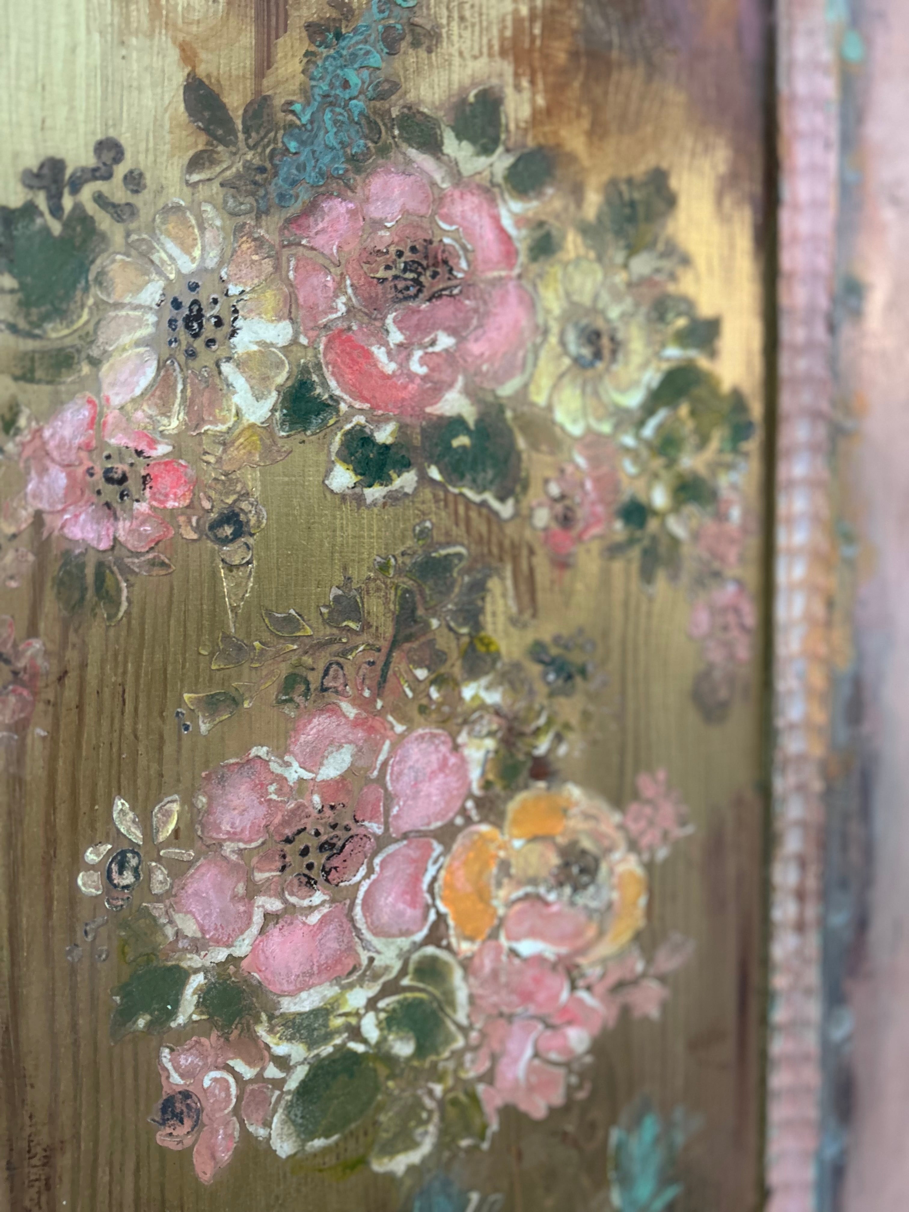 Vintage Painted Pine Triple Wardrobe with Inlaid Chinoiserie