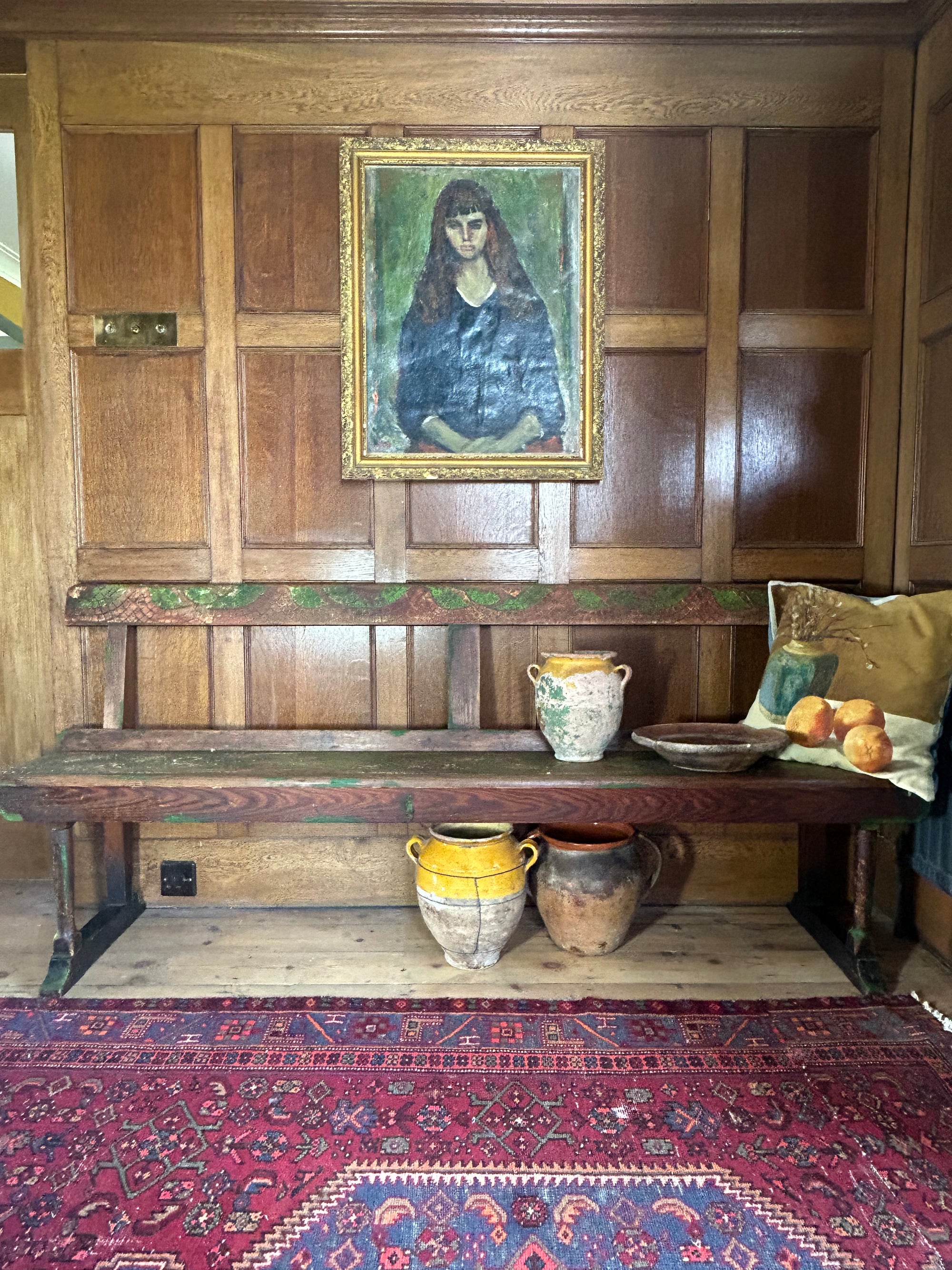 Vintage Painted Oak Bench with Inlaid Design