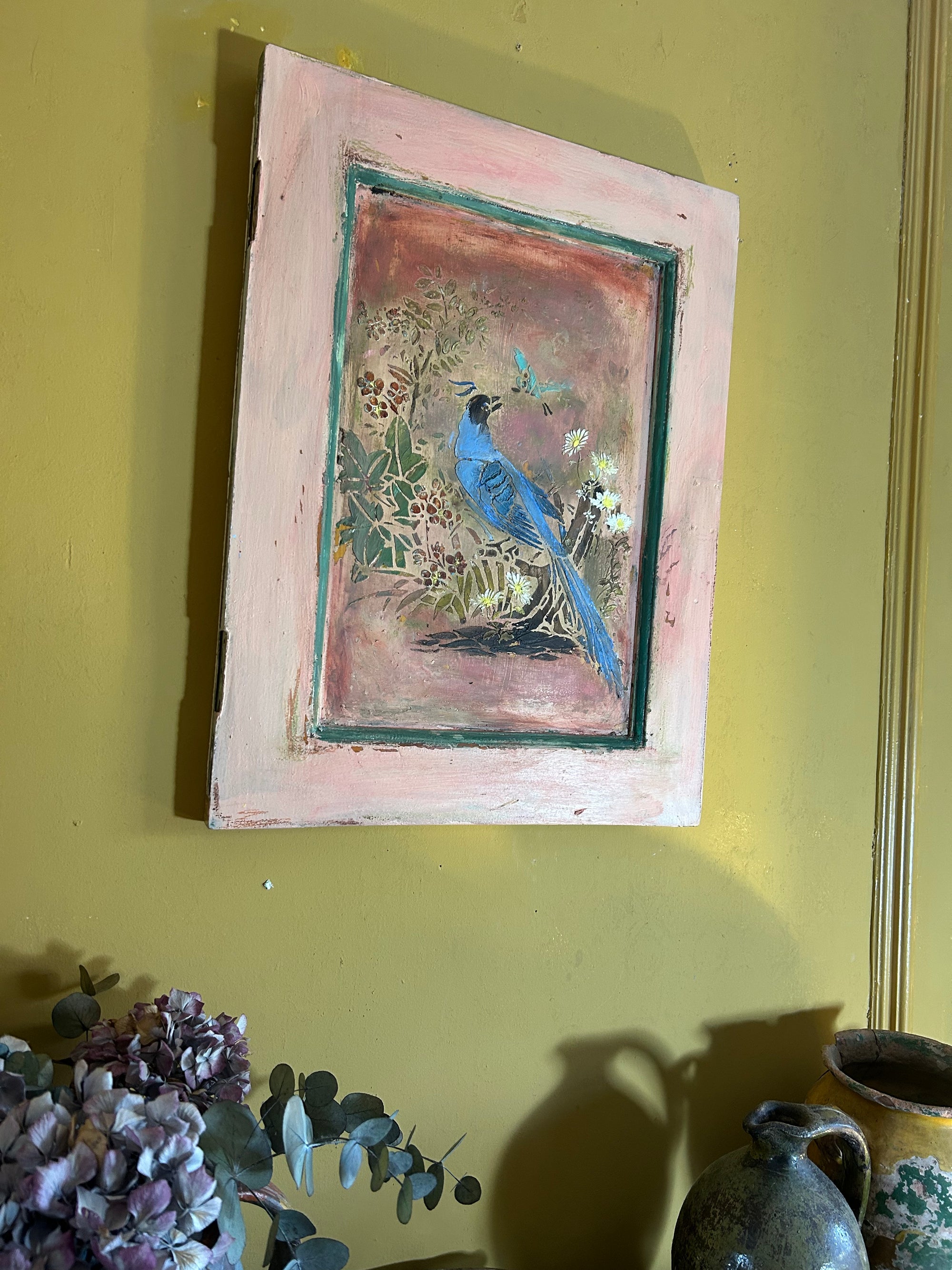 Reclaimed Door Wallhanging with Bird Chinoiserie