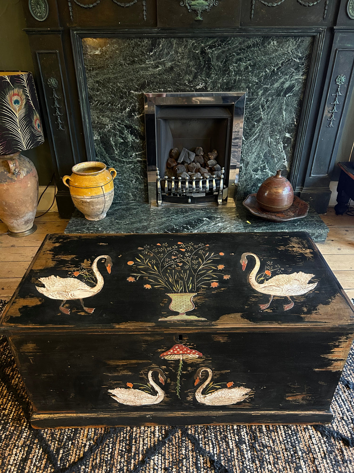 Vintage Painted Blanket Box with Folk Art Swans