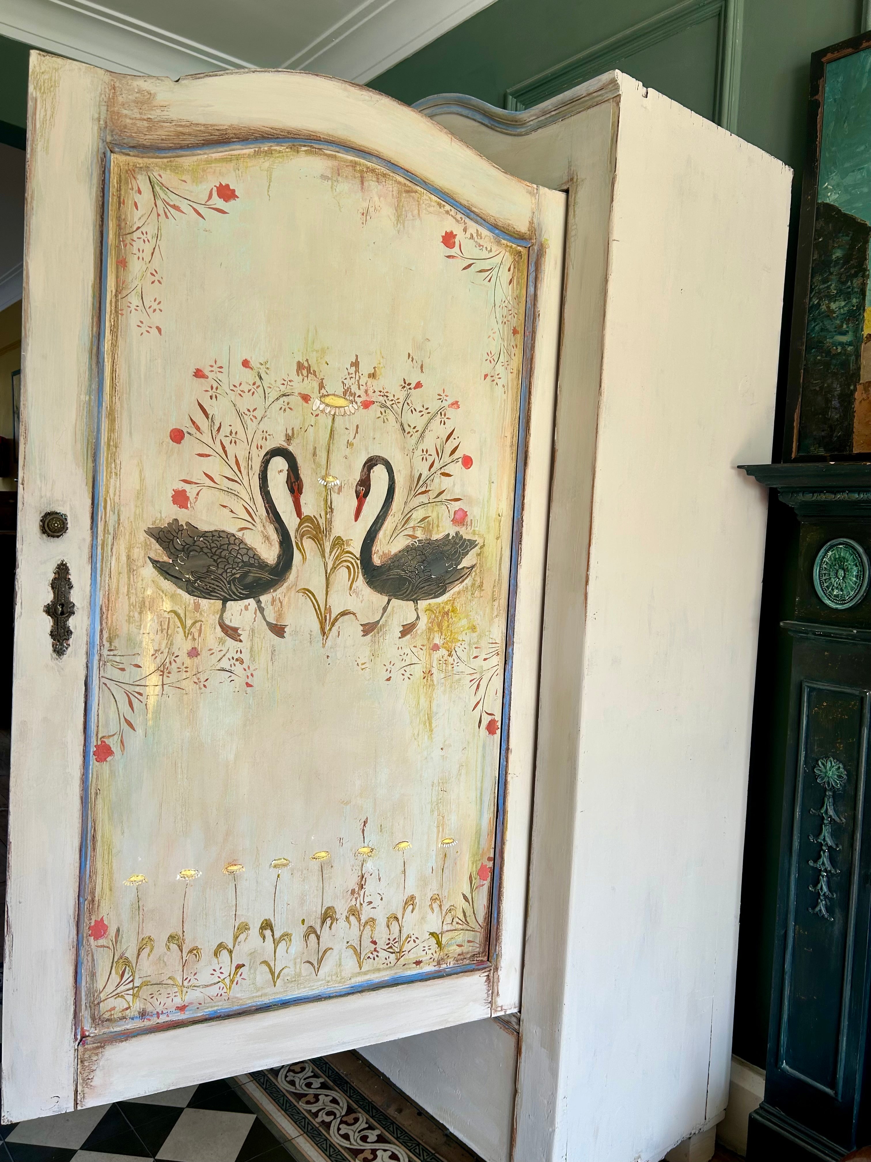 Vintage Painted Pine Folk Art Wardrobe