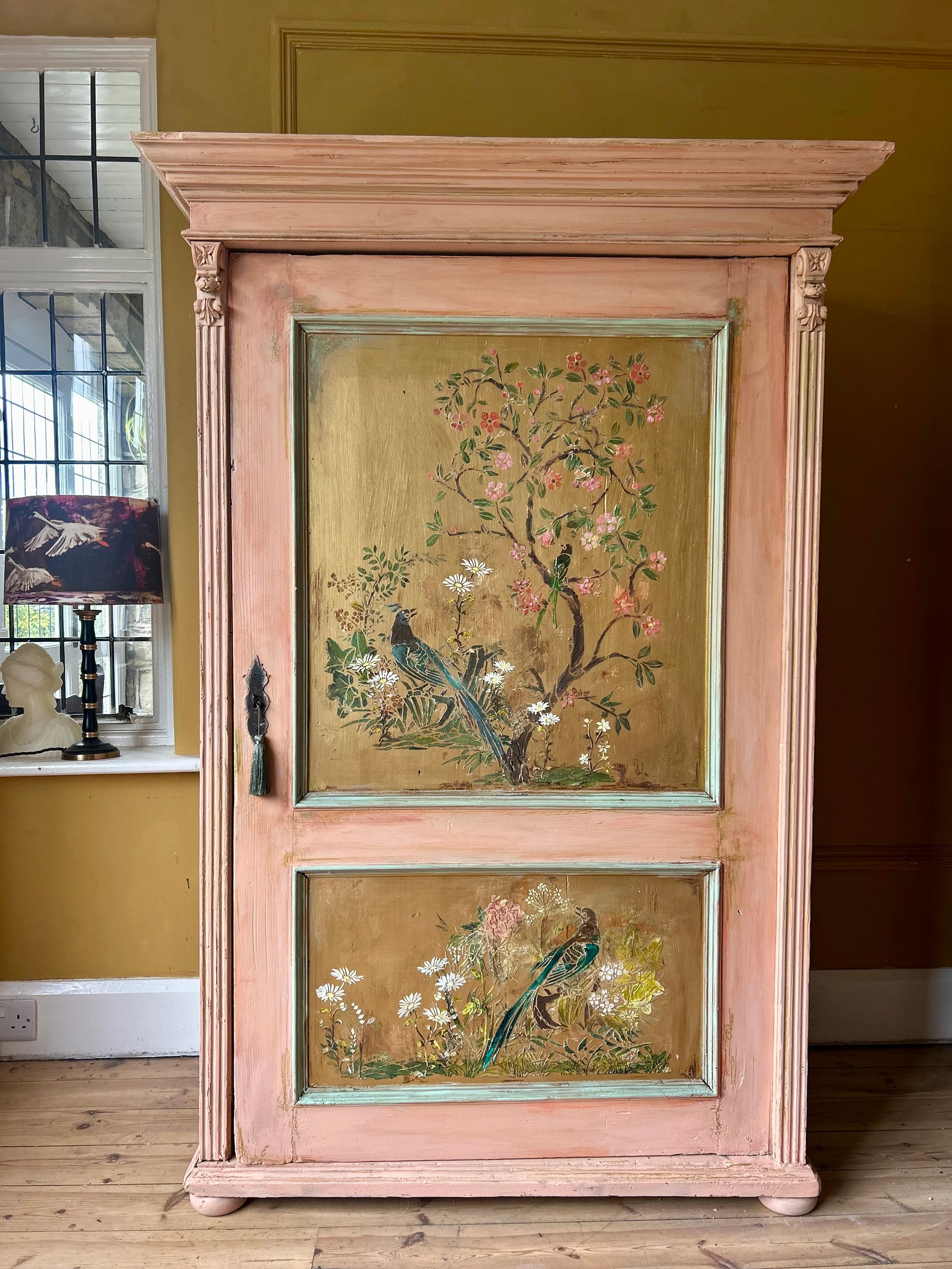 Vintage Painted Pine Armoire/Linen Press with Inlaid Chinoiserie