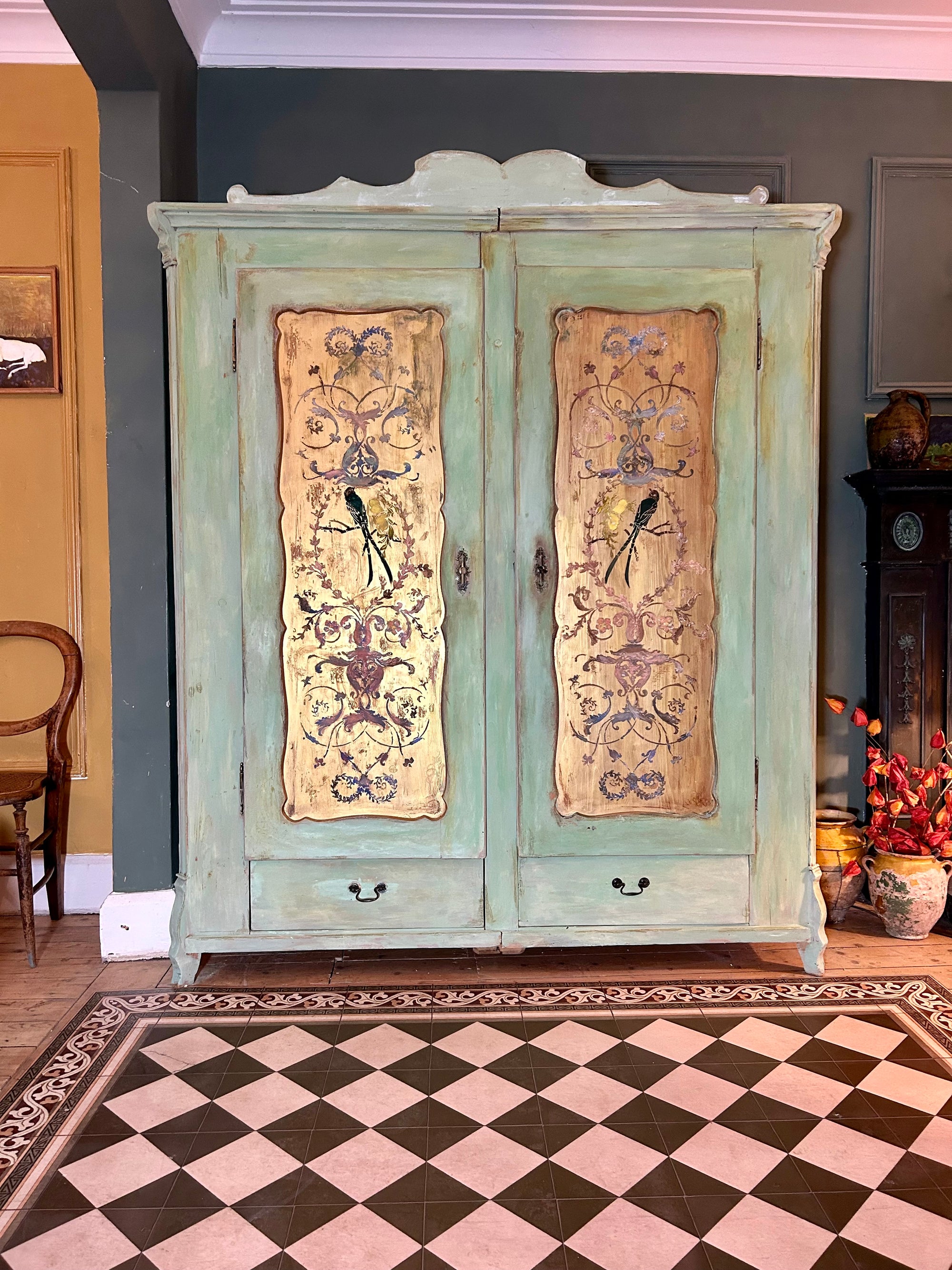 Vintage Painted Pine Wardrobe with Chinoiserie Panels