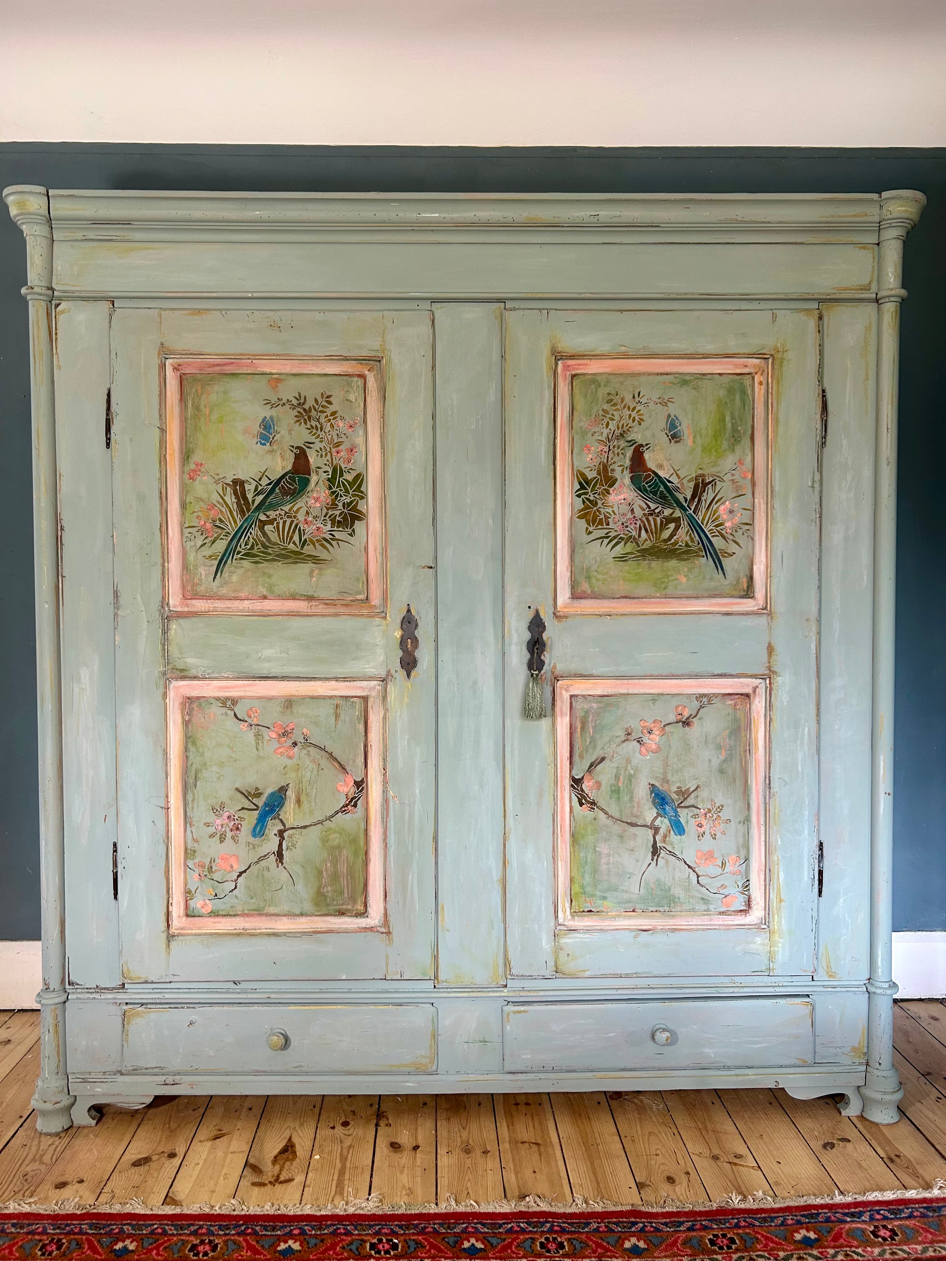Large Vintage Painted Pine Double Wardrobe with Inlaid Chinoiserie