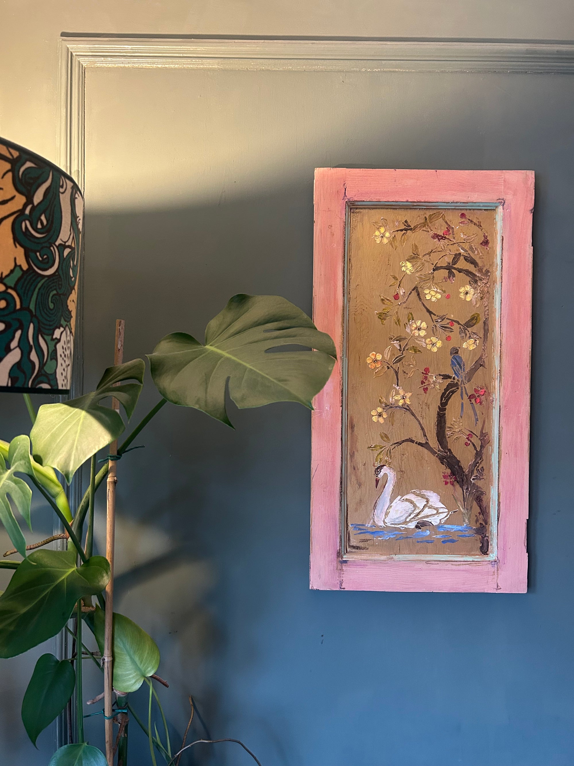 Reclaimed Door Wallhanging with Swan and Bird Chinoiserie