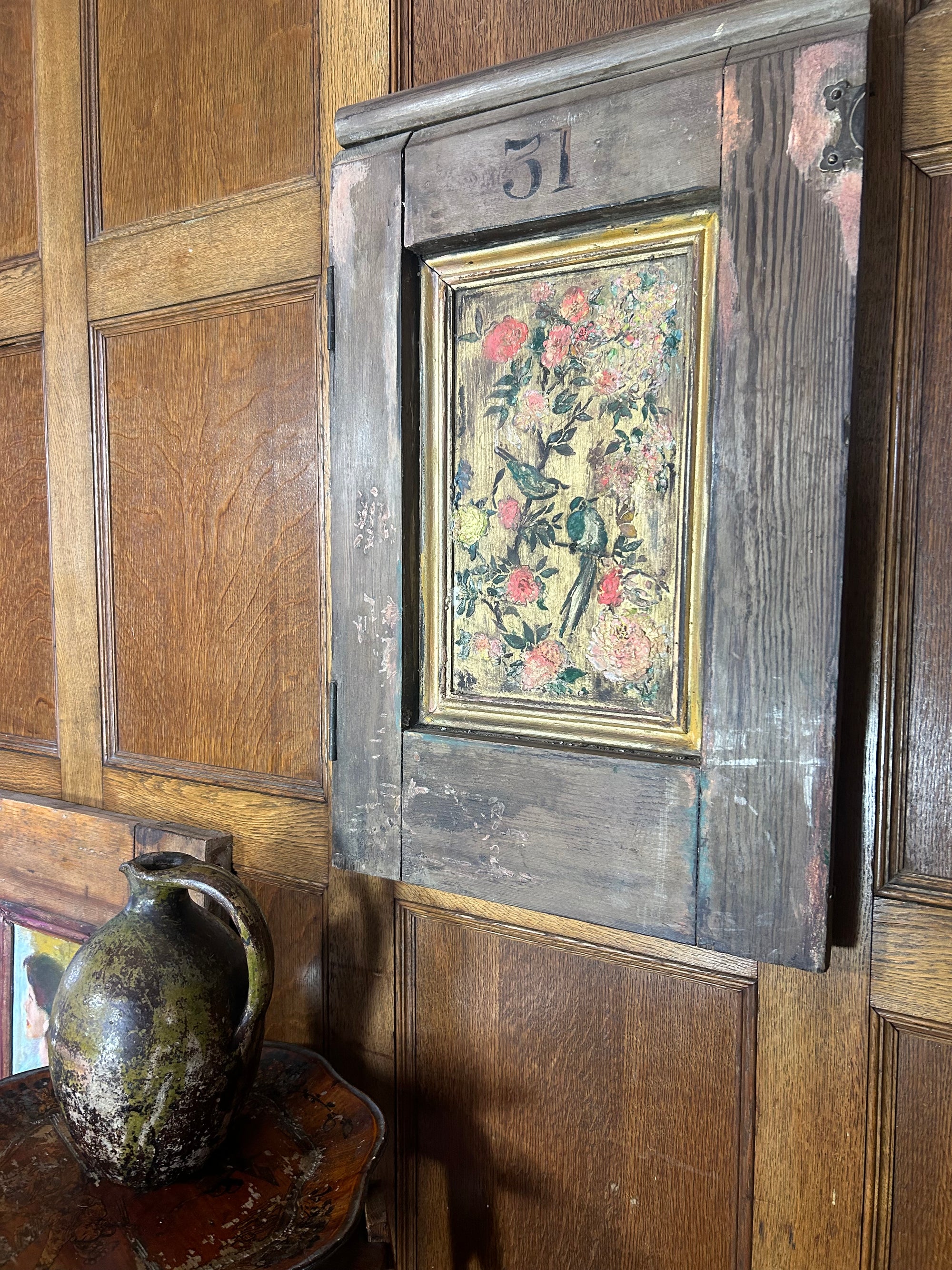 Reclaimed Church Pew Door Wallhanging with Inlaid Chinoiserie