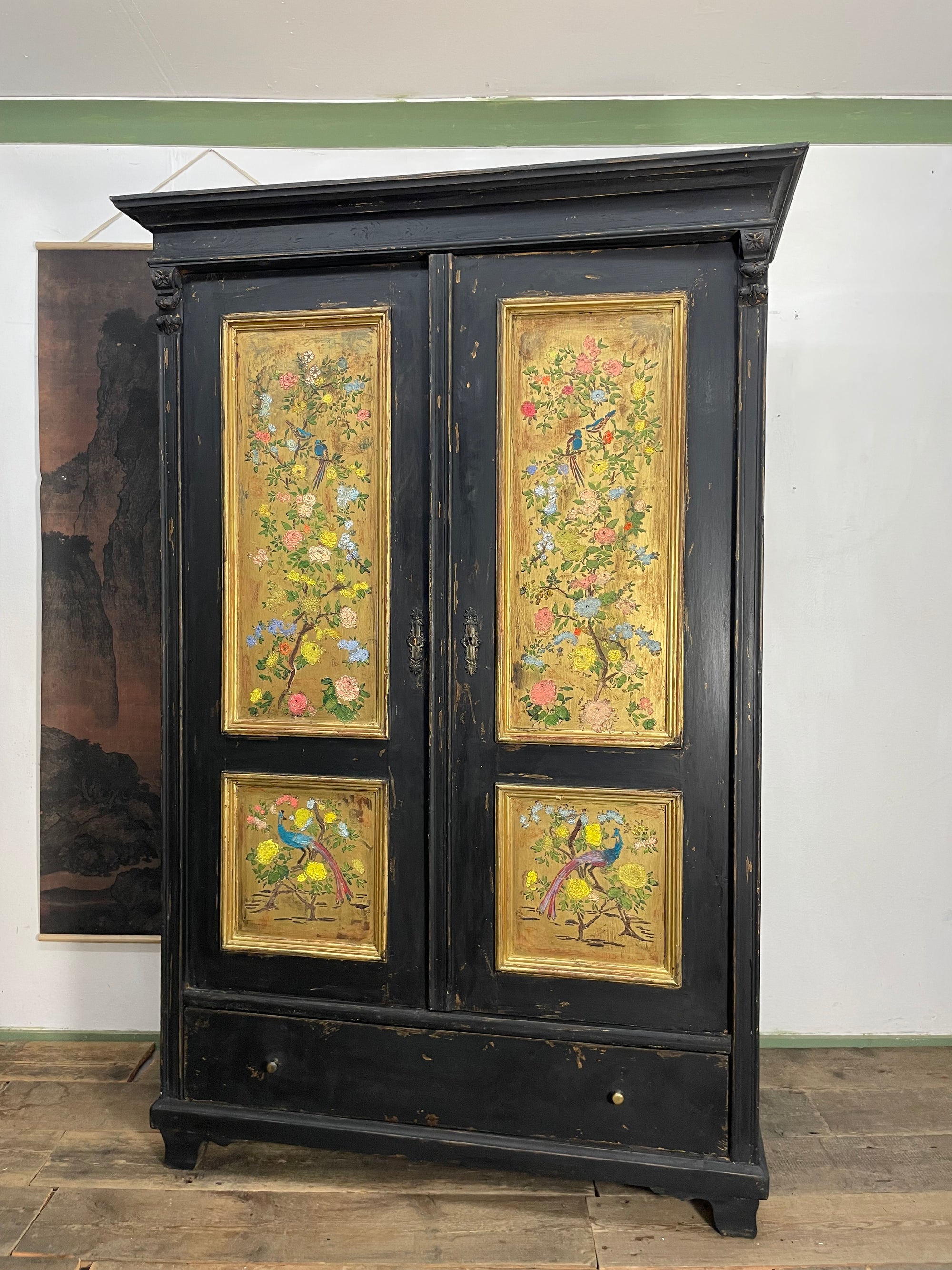 Vintage Painted Pine Wardrobe with Chinoiserie Panels