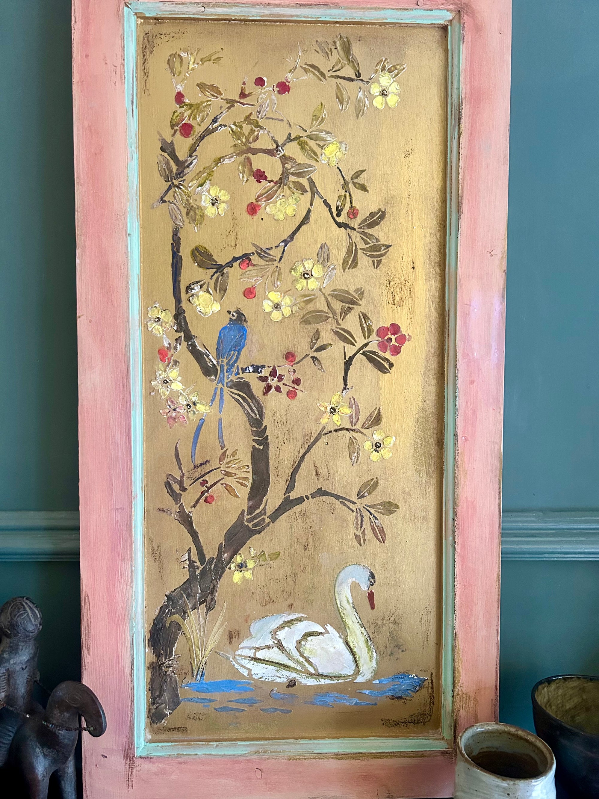 Reclaimed Door Wallhanging with Swan Chinoiserie