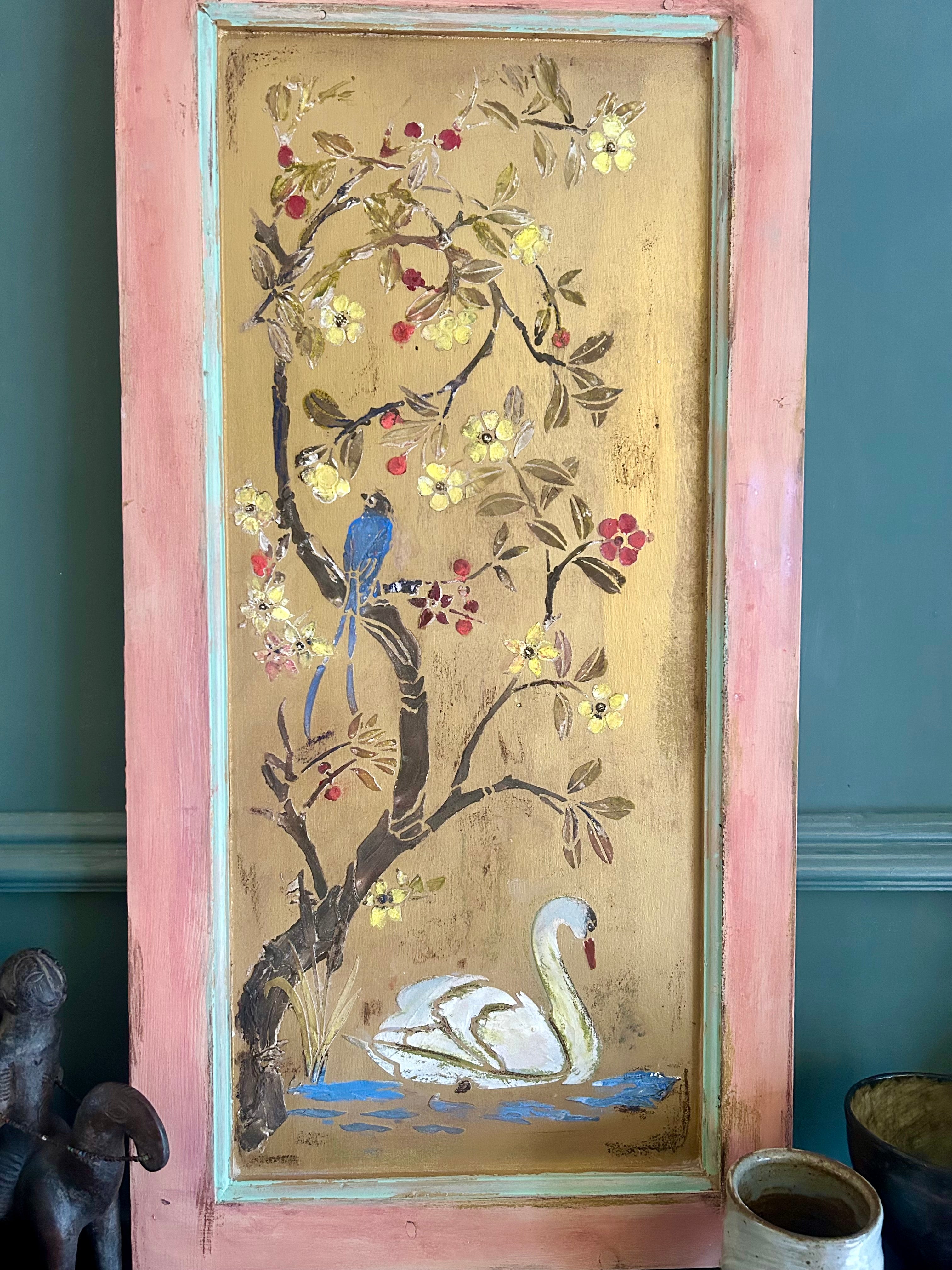 Reclaimed Door Wallhanging with Swan Chinoiserie