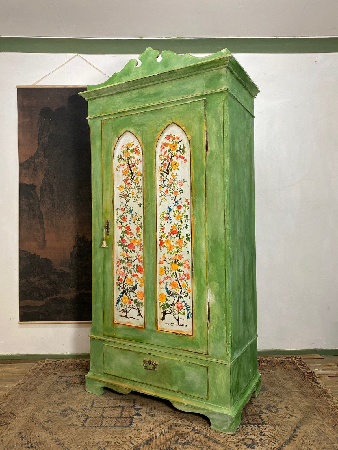 Vintage Painted Pine Wardrobe with Chinoiserie Panels