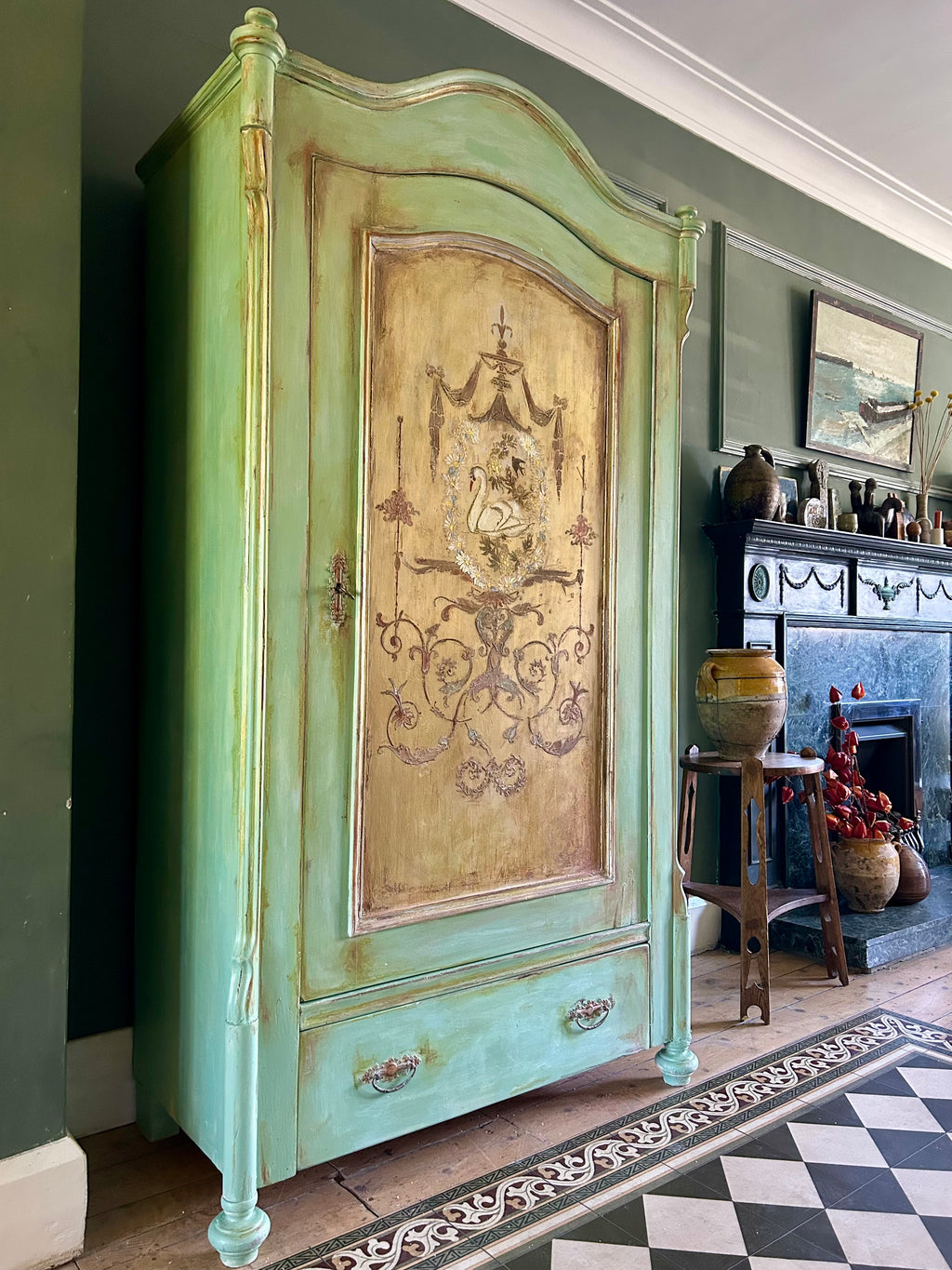 Vintage Painted Pine Armoire with Swan and Daisy Chinoiserie