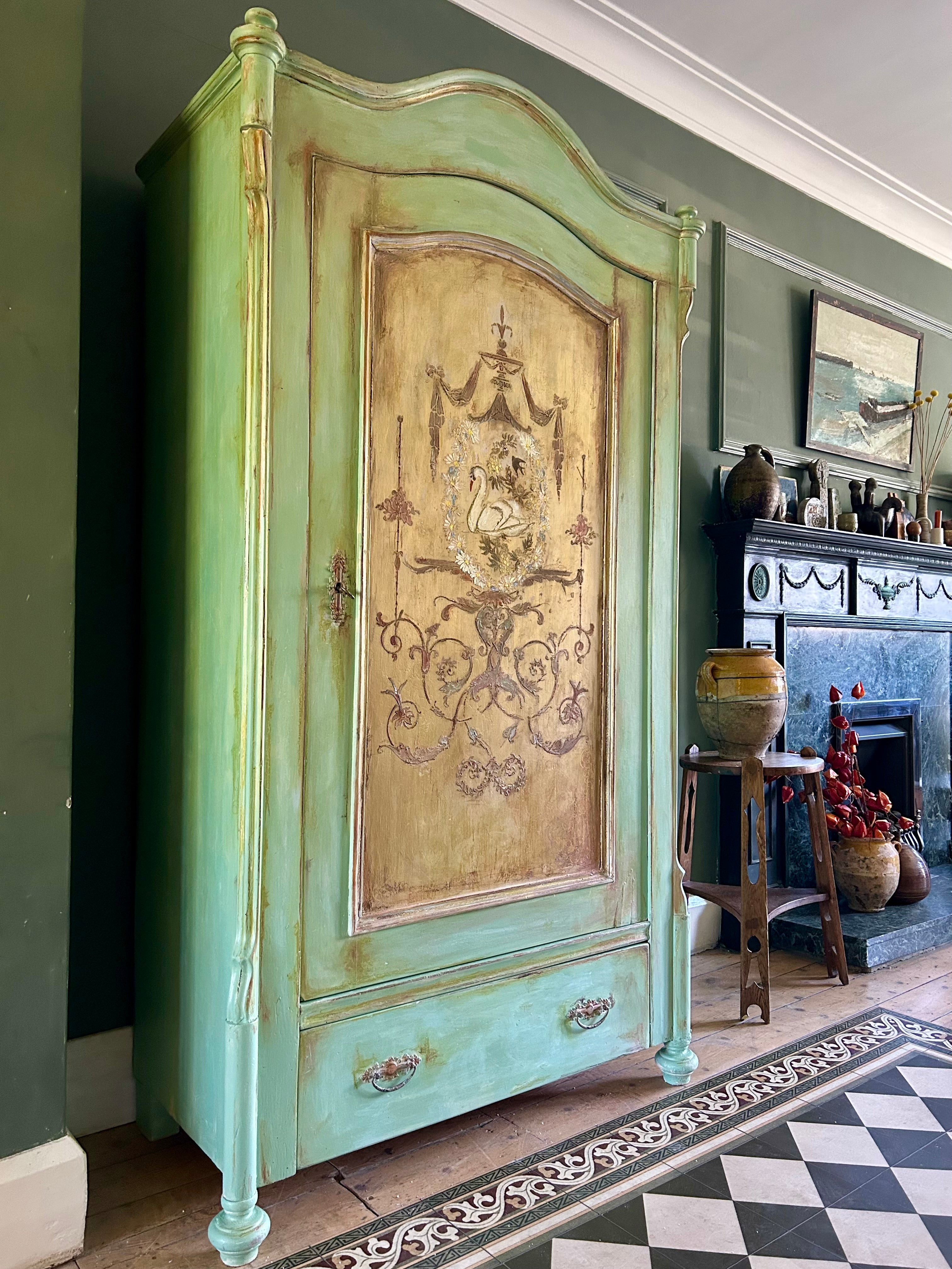 Vintage Painted Pine Armoire with Swan and Daisy Chinoiserie