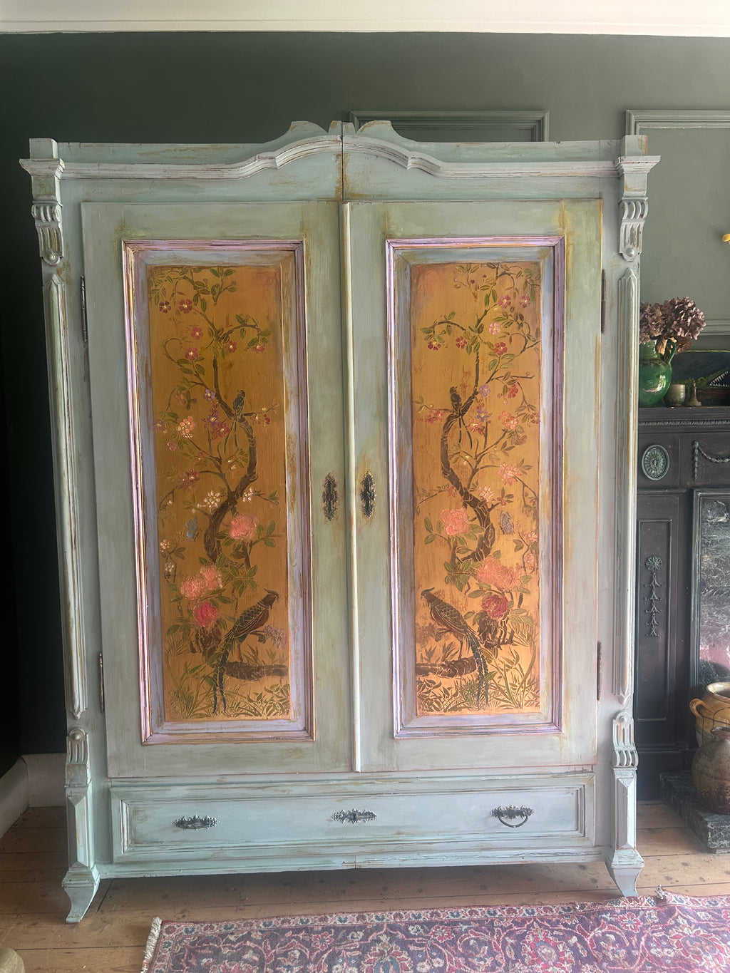 Vintage Painted Wardrobe with Inlaid Chinoiserie