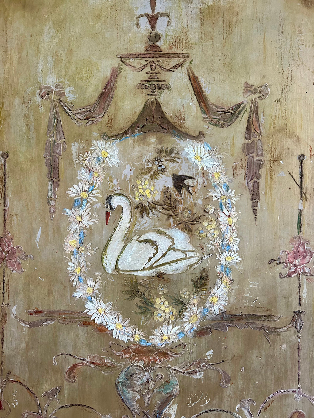 Vintage Painted Pine Armoire with Swan and Daisy Chinoiserie