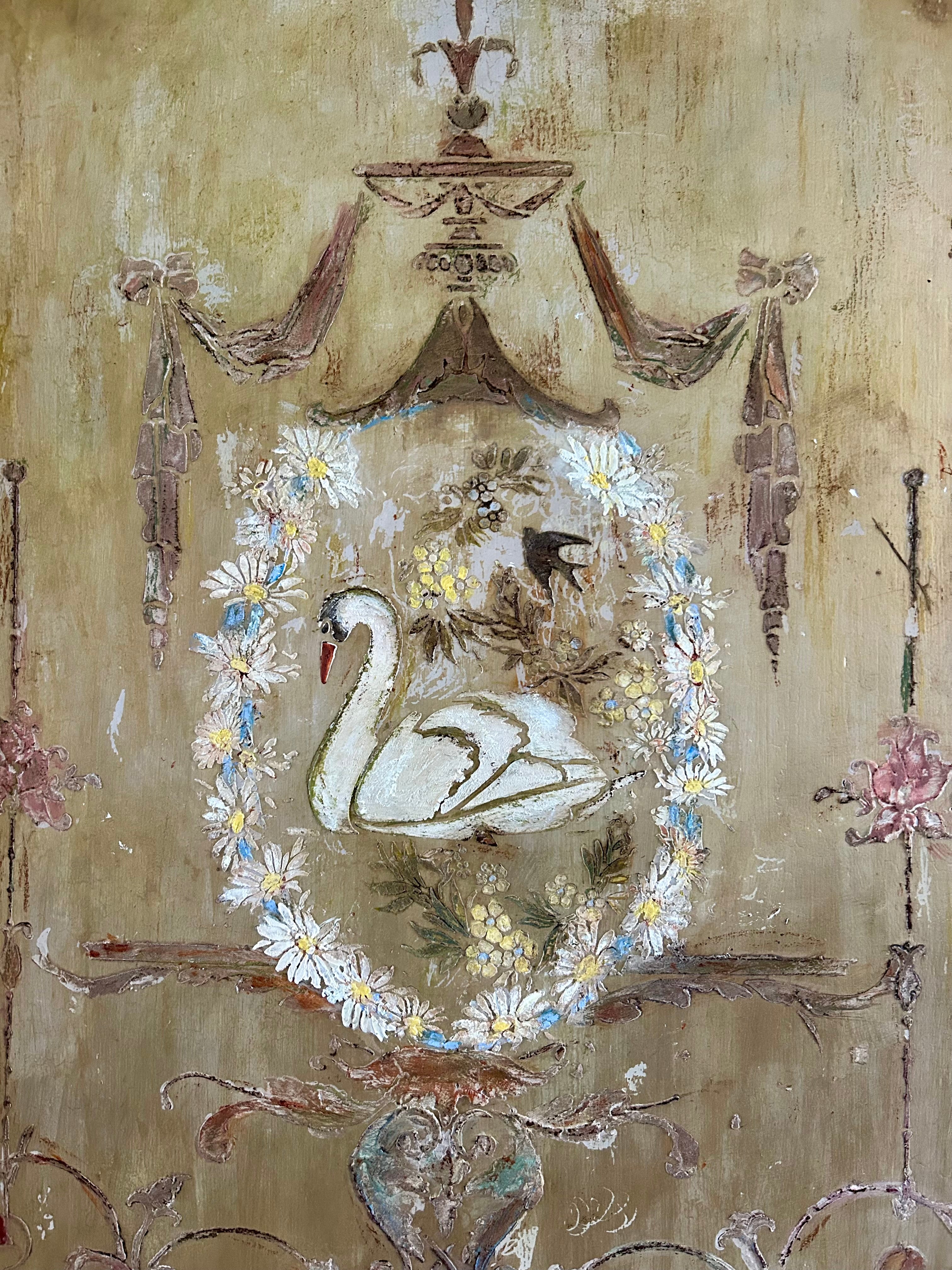 Vintage Painted Pine Armoire with Swan and Daisy Chinoiserie