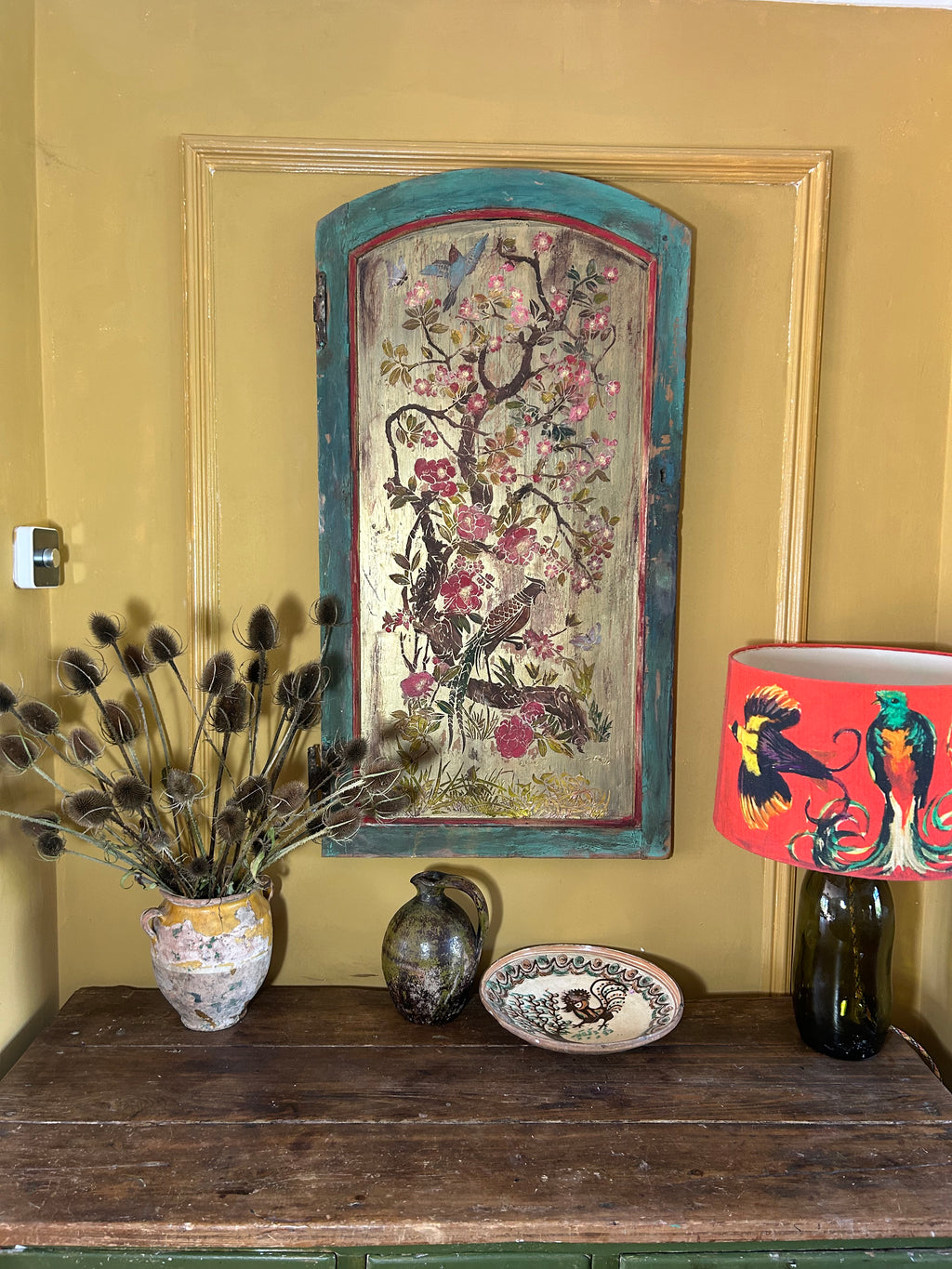 Vintage Reclaimed Door Wall Hanging with Inlaid Chinoiserie
