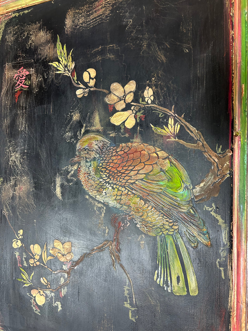 Vintage Painted Pine Linen Press with Inlaid Chinoiserie. RESERVED