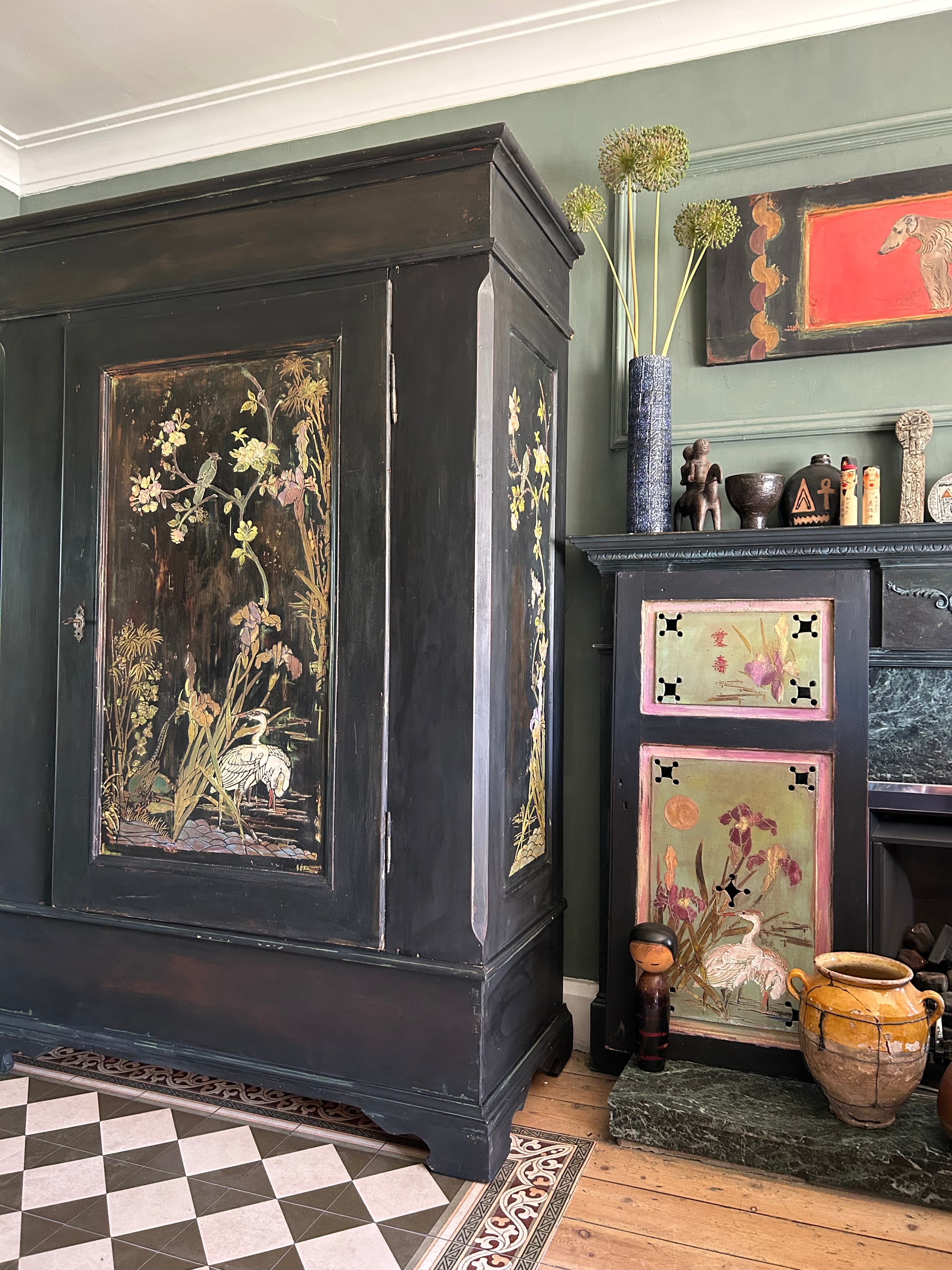 Vintage Painted Pine Armoire with Chinoiserie Panels
