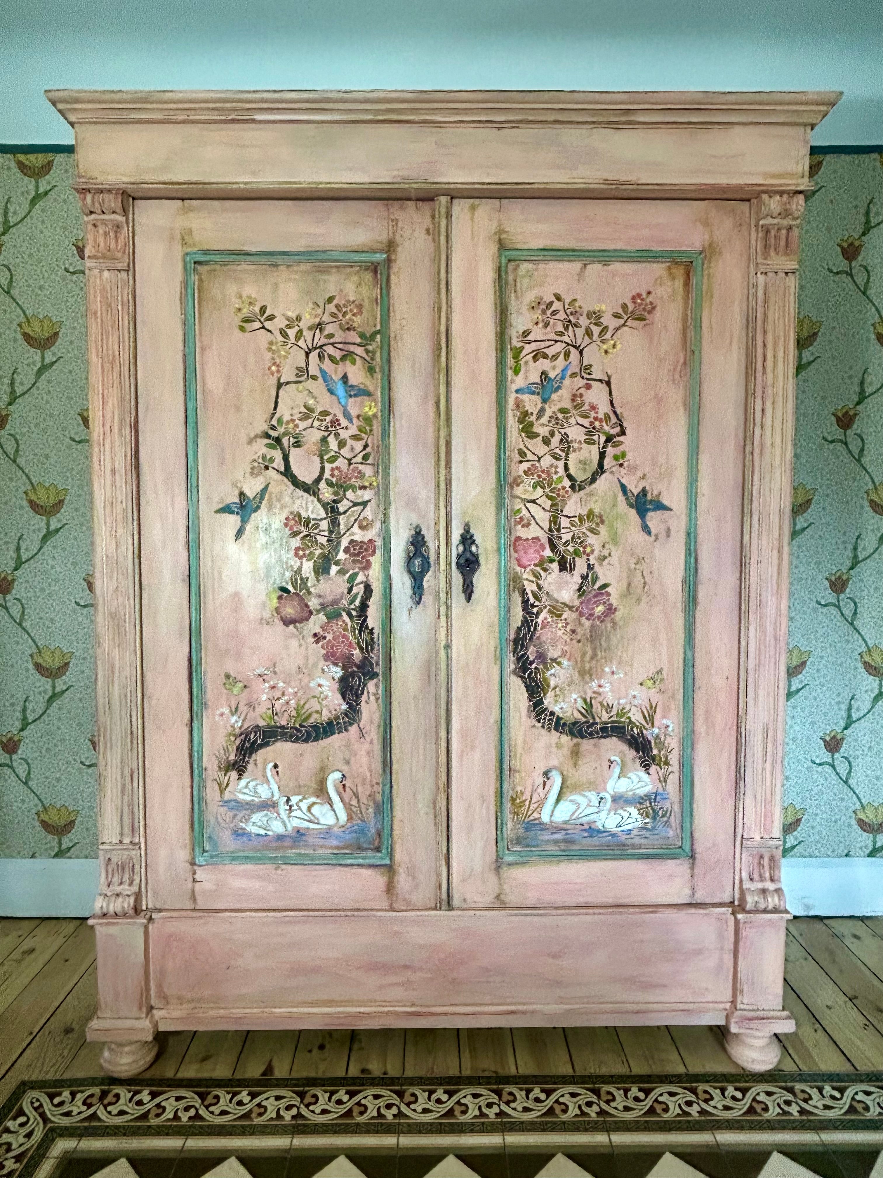 Vintage Painted French Wardrobe with Chinoiserie Panels