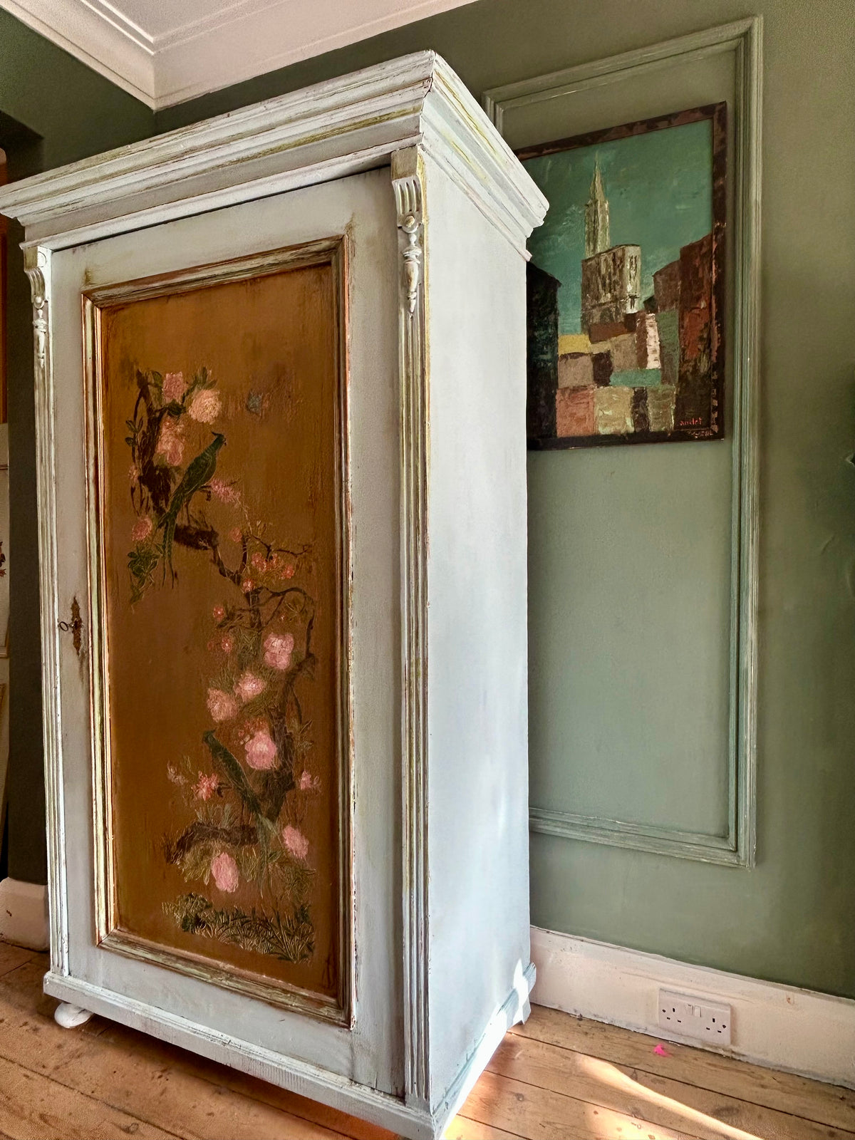 Vintage Painted Pine Armoire with Chinoiserie Panel
