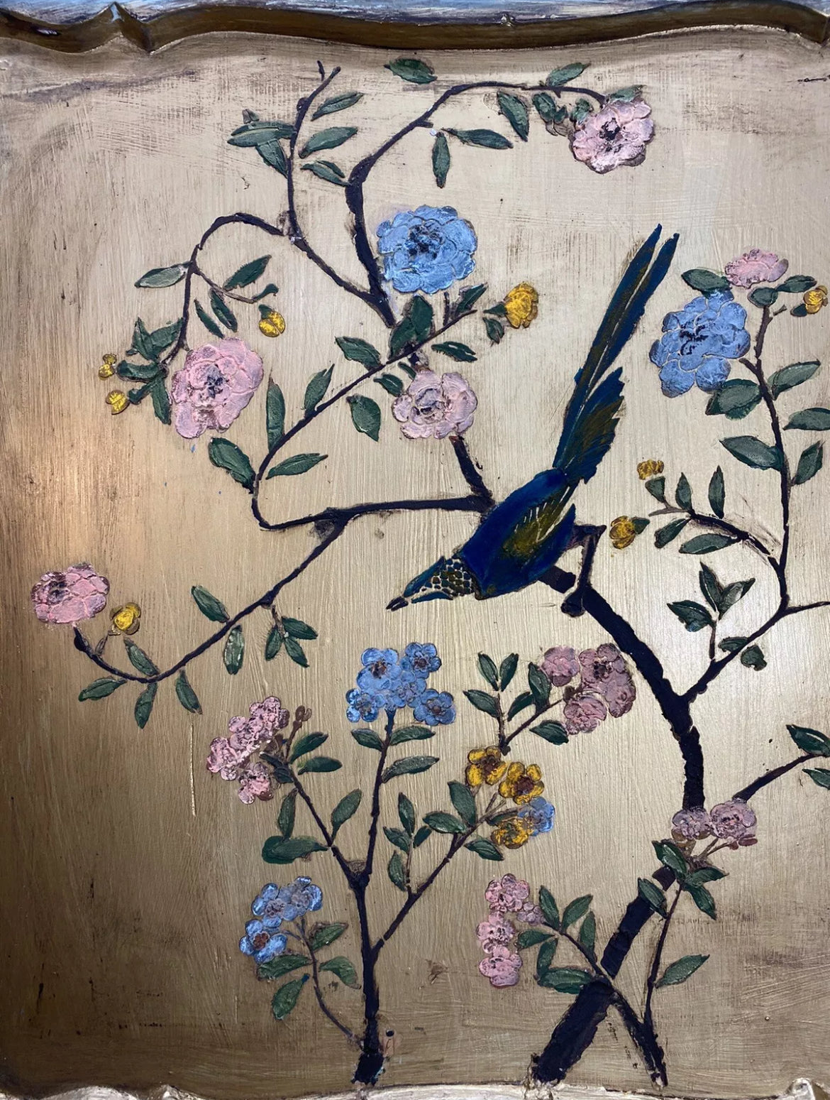 Vintage Painted Pine Wardrobe with Inlaid Bird Chinoiserie