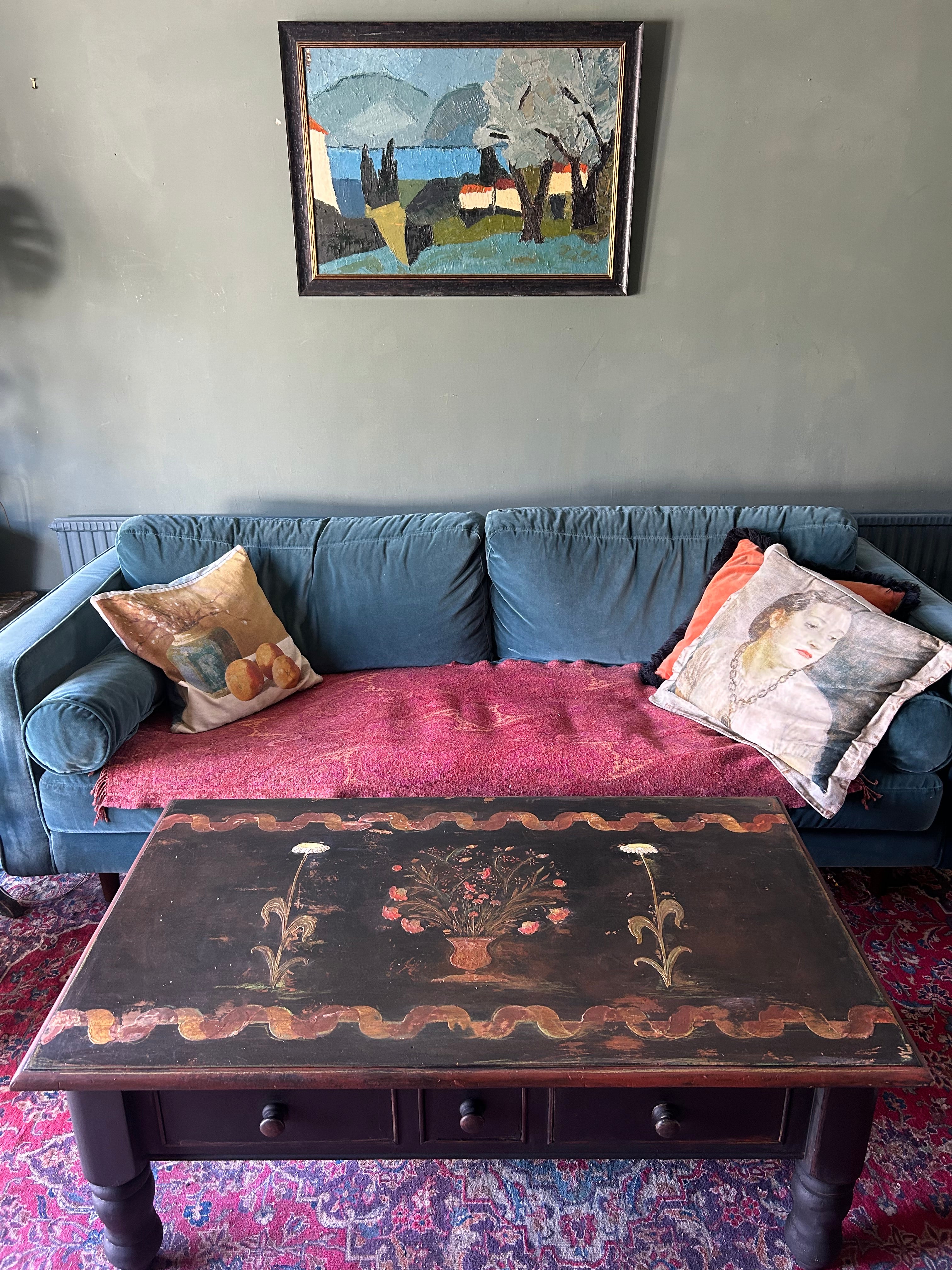 Vintage Painted Coffee Table with Folk Art Design