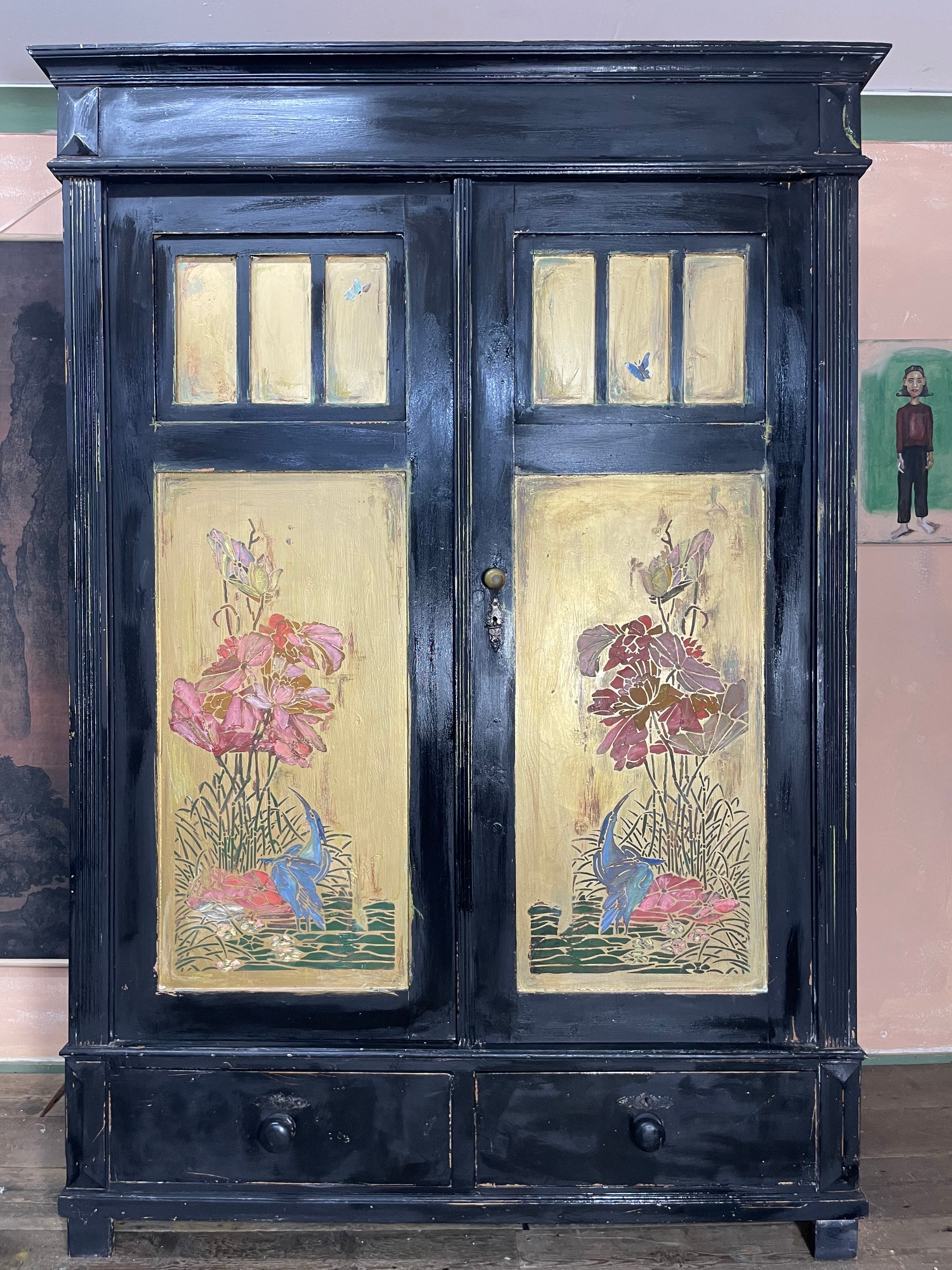 Vintage Painted Pine Knockdown Wardrobe with Inlaid Design