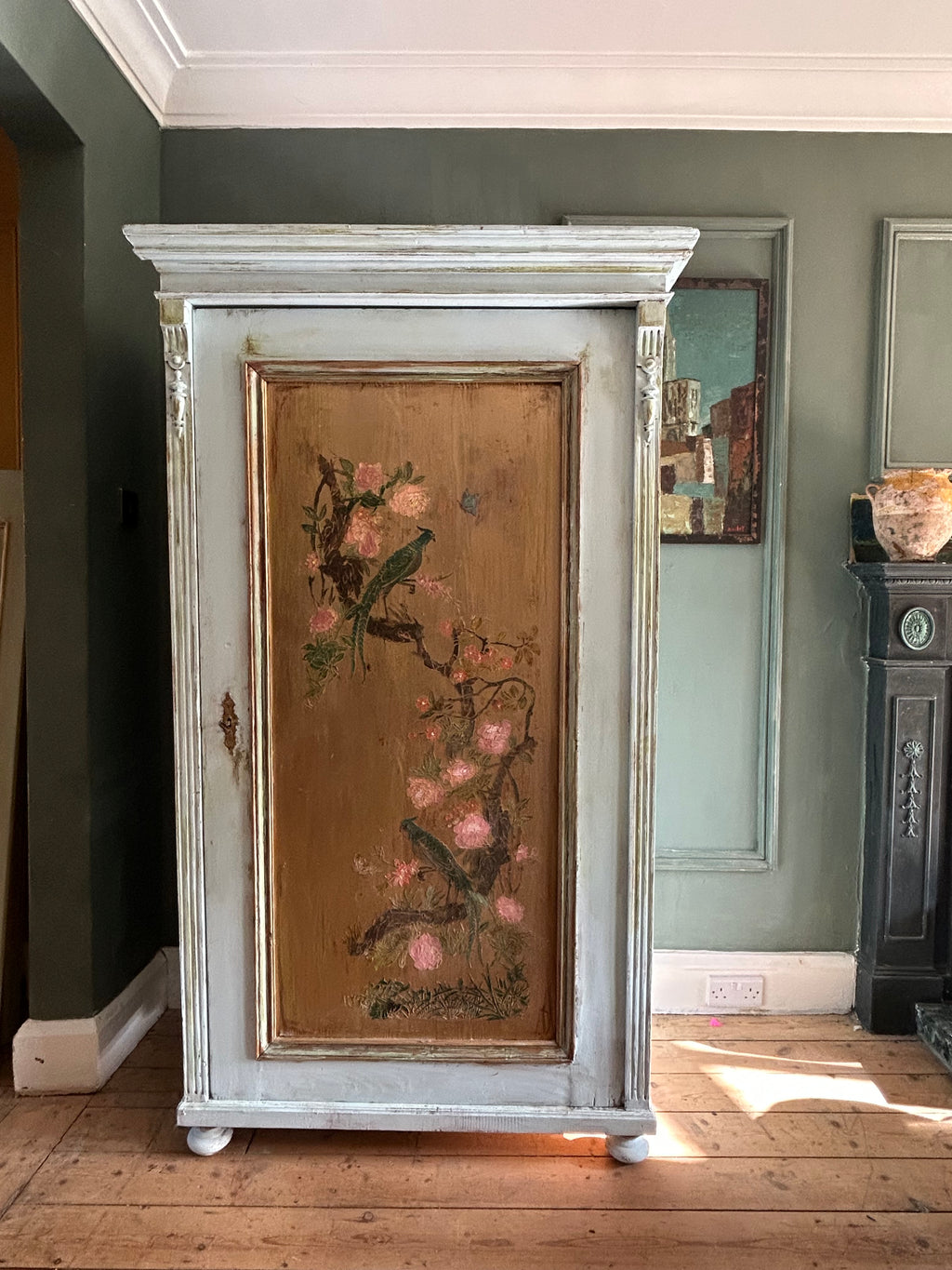 Vintage Painted Pine Armoire with Chinoiserie Panel