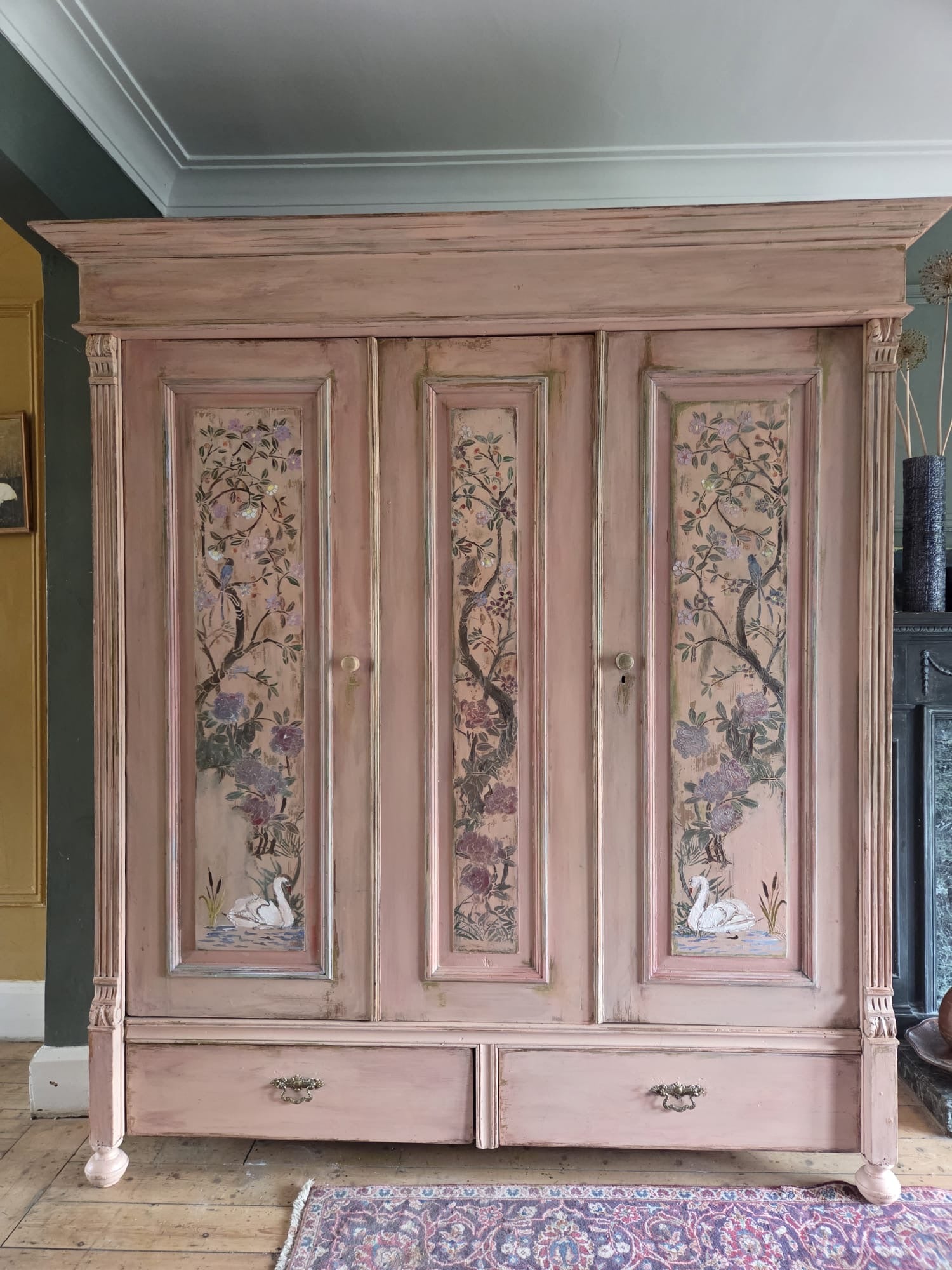 Painted Pine Triple wardrobe with Chinoiserie Panels