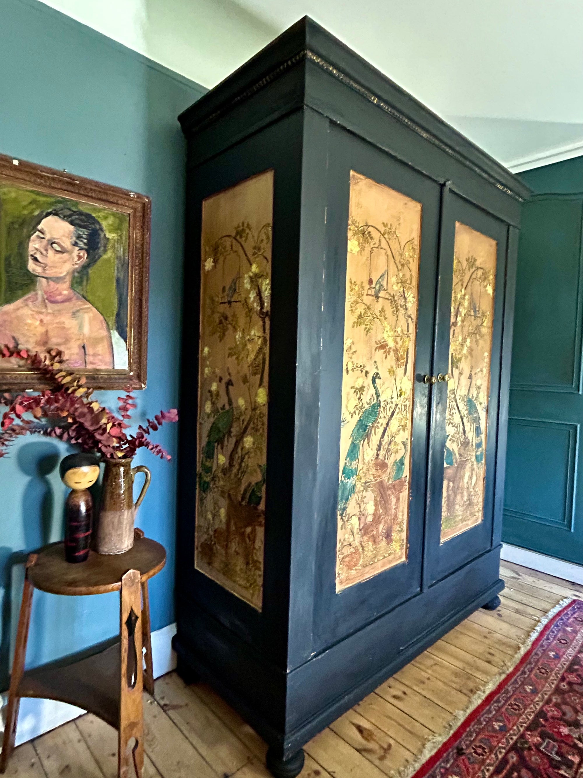 Vintage Painted Pine Double Wardrobe with Inlaid Peacock Chinoiserie