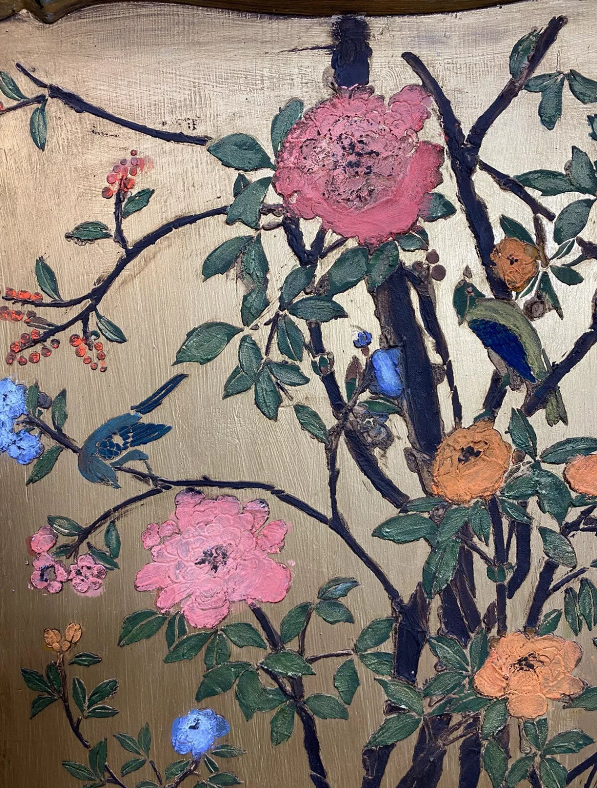 Vintage Painted Pine Wardrobe with Inlaid Bird Chinoiserie