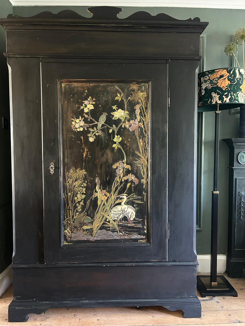 Vintage Painted Pine Armoire with Chinoiserie Panels
