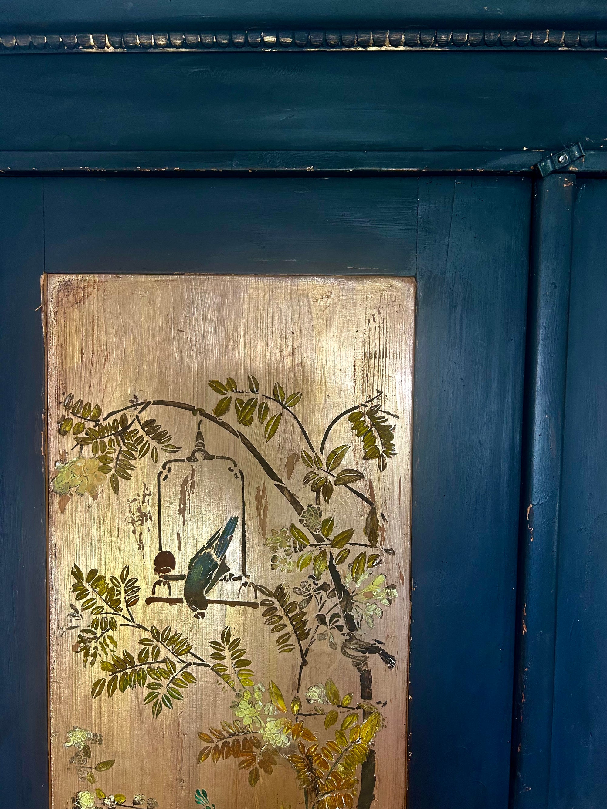 Vintage Painted Pine Double Wardrobe with Inlaid Peacock Chinoiserie