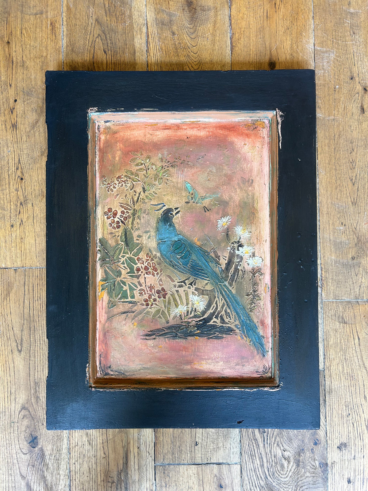 Reclaimed Door Wallhanging with Bird Chinoiserie