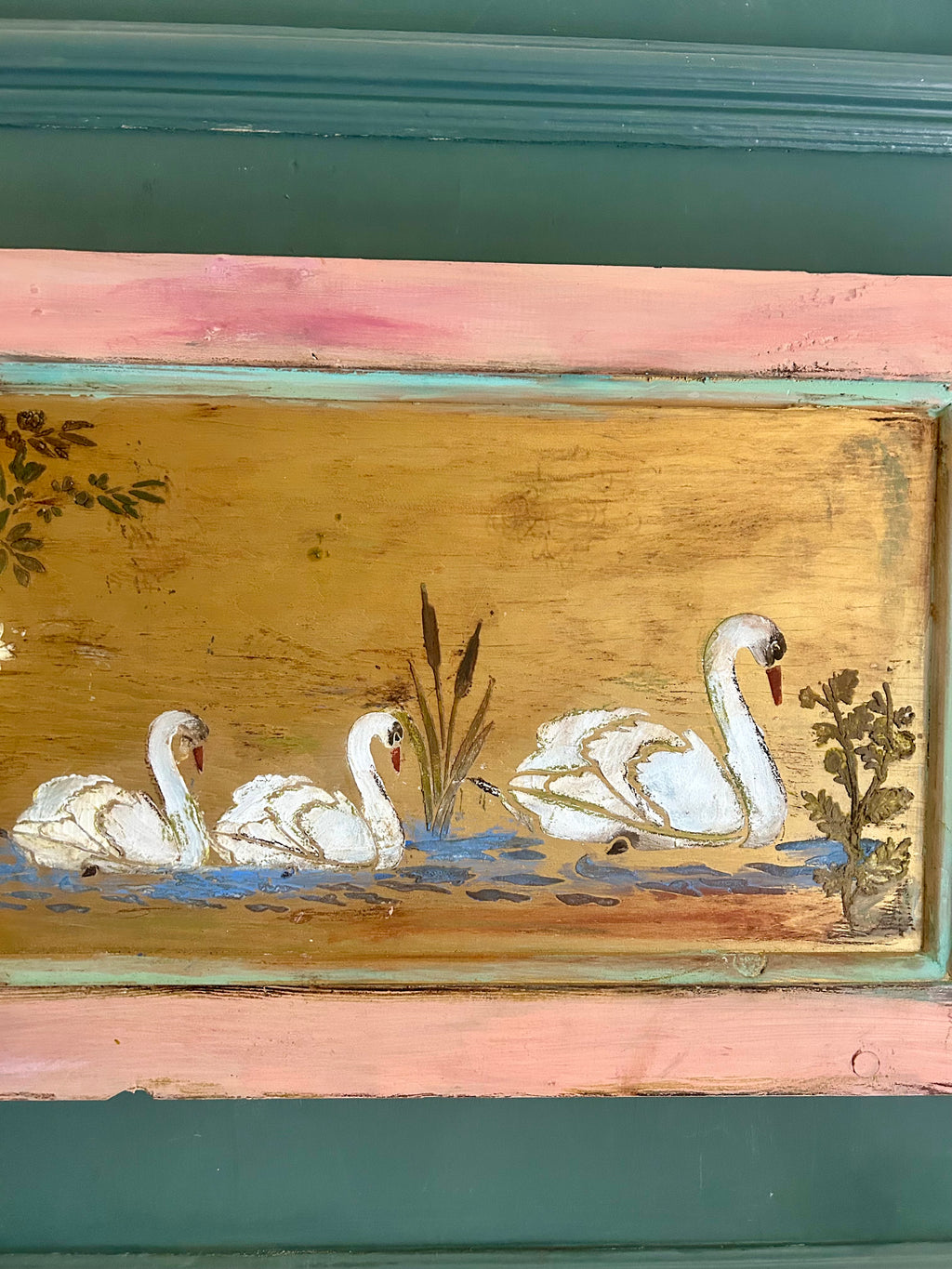 Reclaimed Door Wallhanging with Swan Chinoiserie