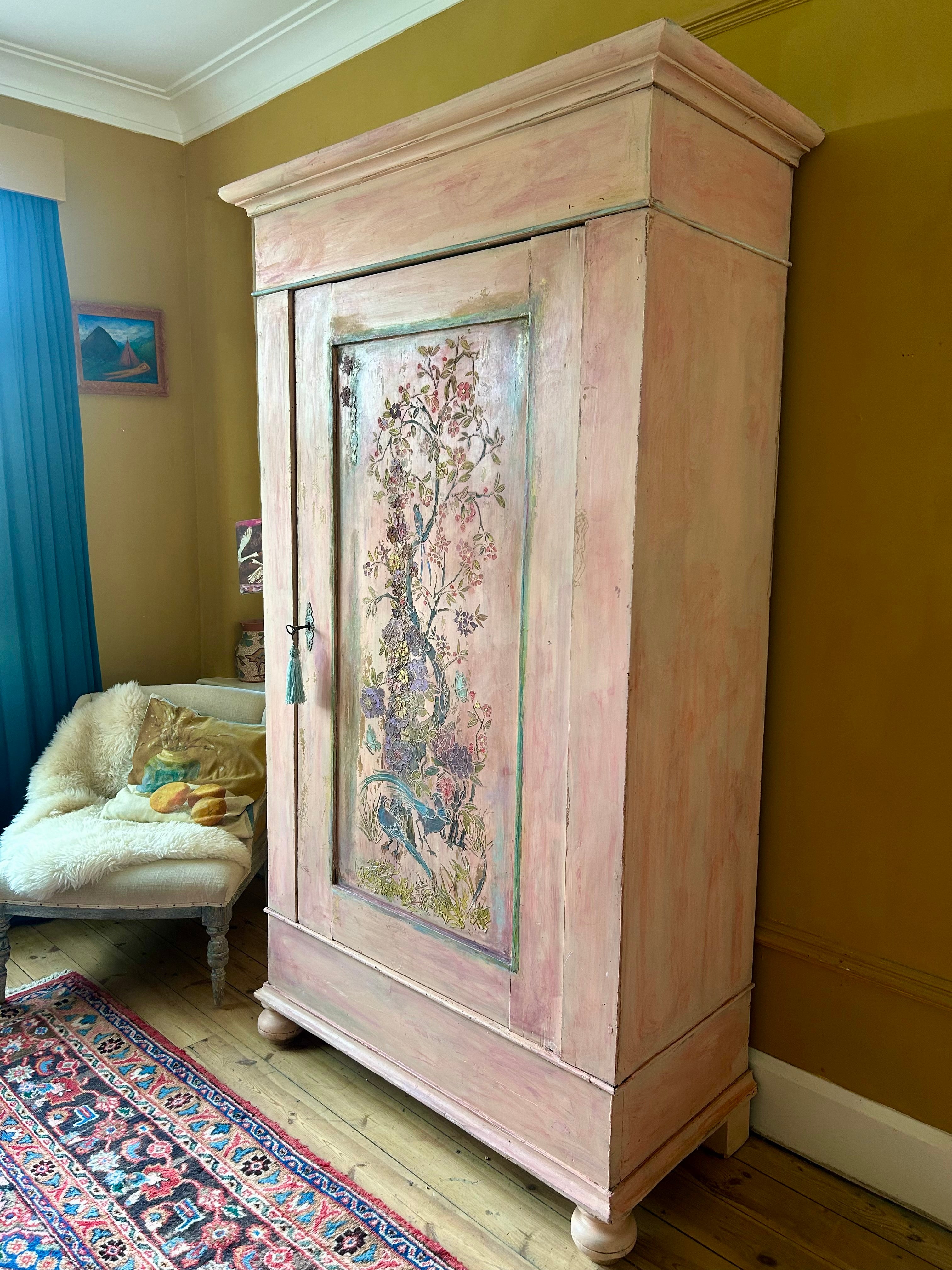 Vintage Painted Cupboard/Armoire with Chinoiserie Panel