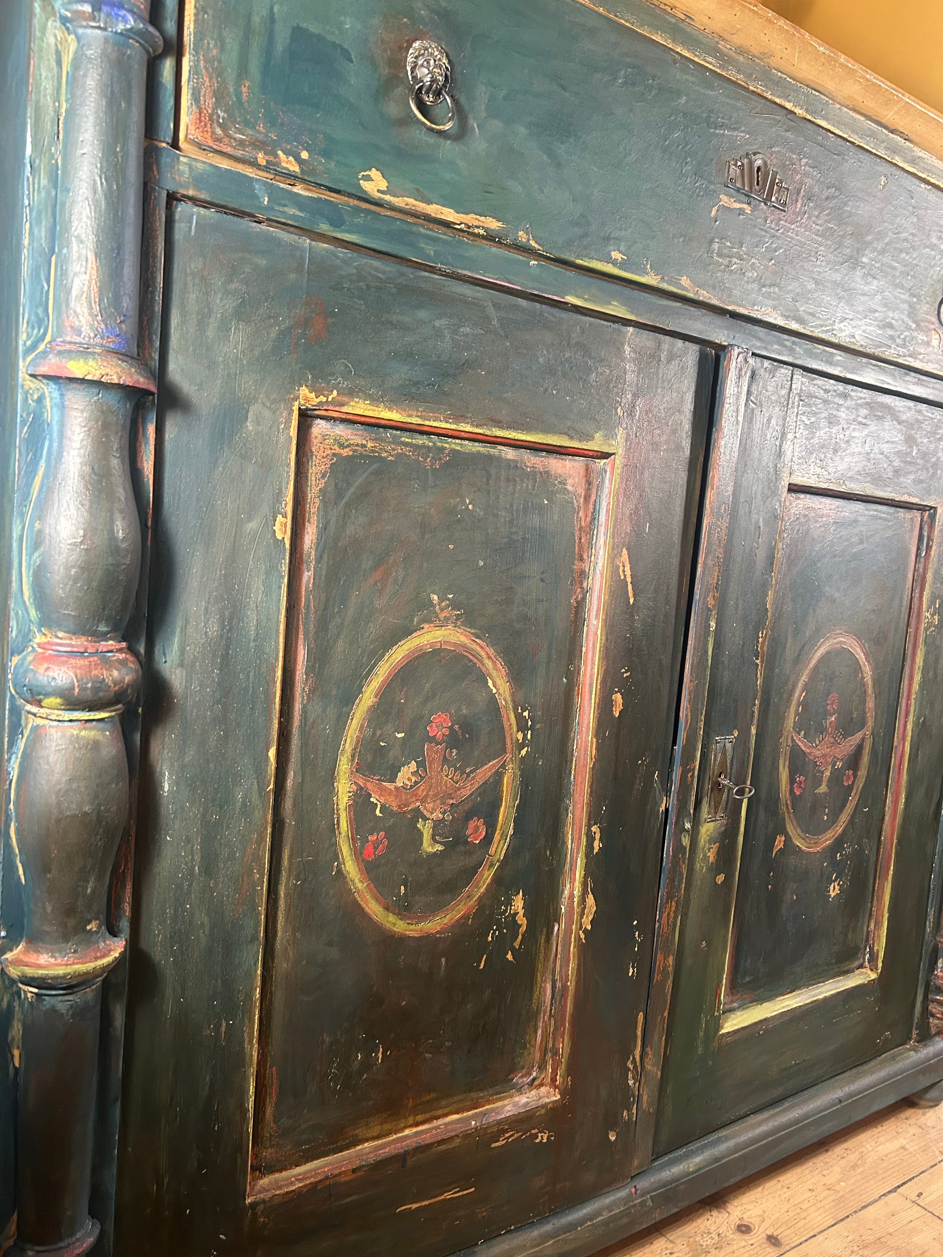 Antique Painted Linen Press with Folk Art Panels