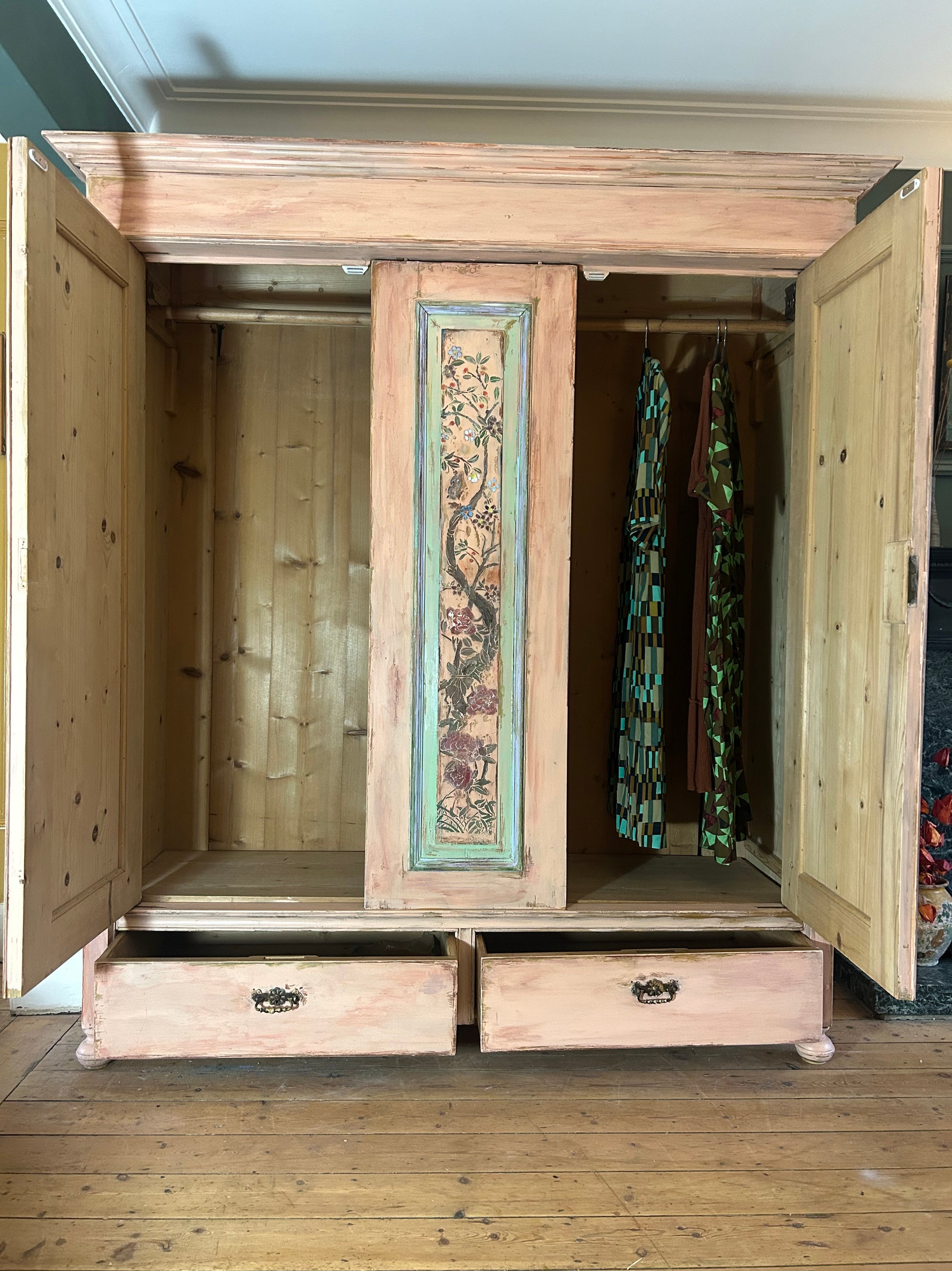 Vintage Painted Pine Large Wardrobe with Chinoiserie Panels