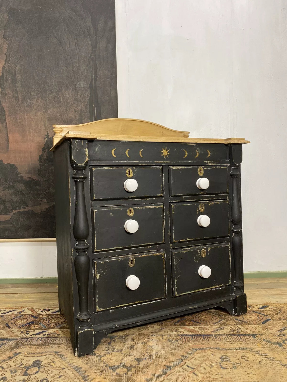 Vintage Painted Pine Moons Chest of Drawers