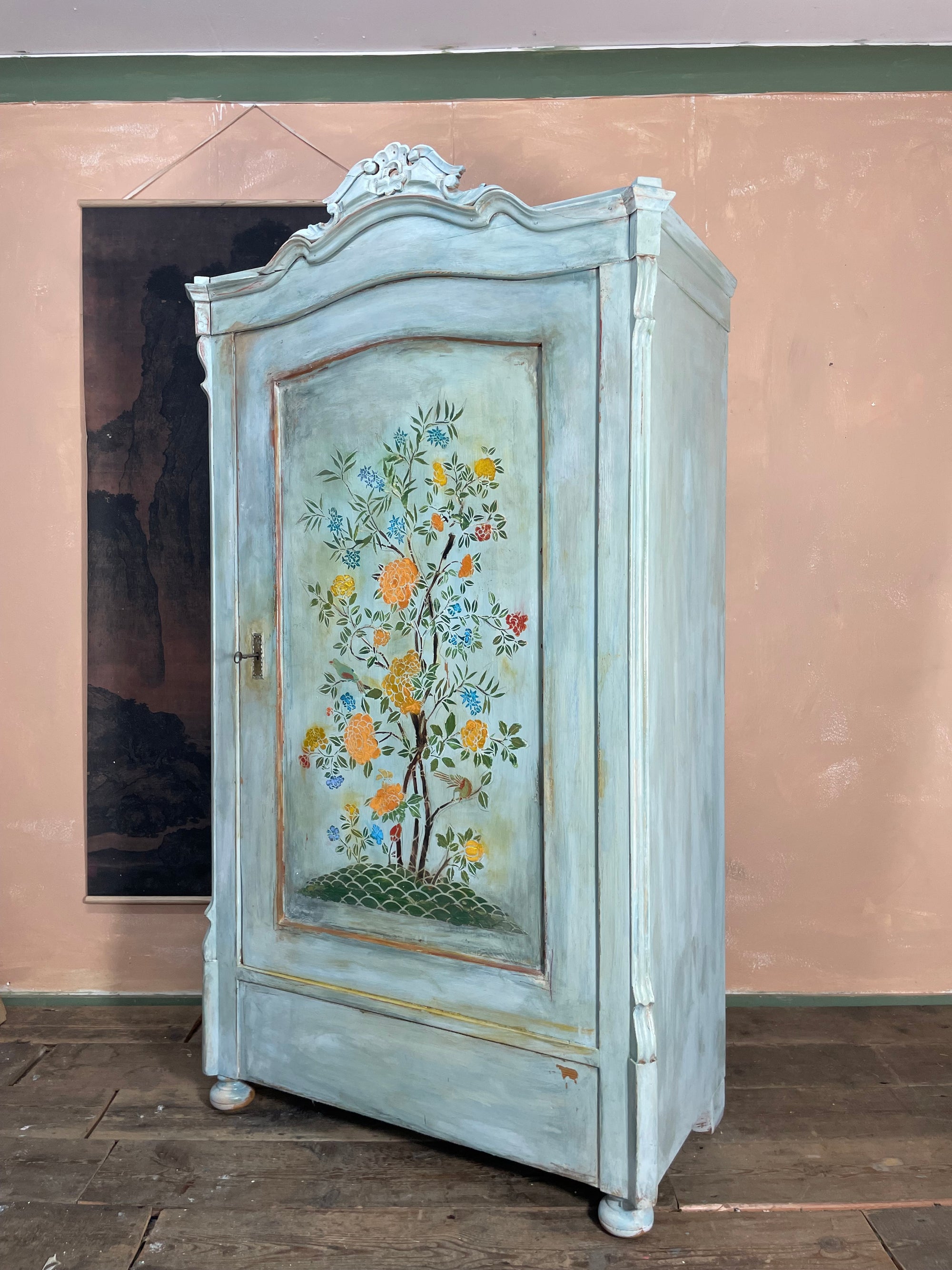 Vintage Painted Pine Wardrobe/ Linen Press with Chinoiserie Panel