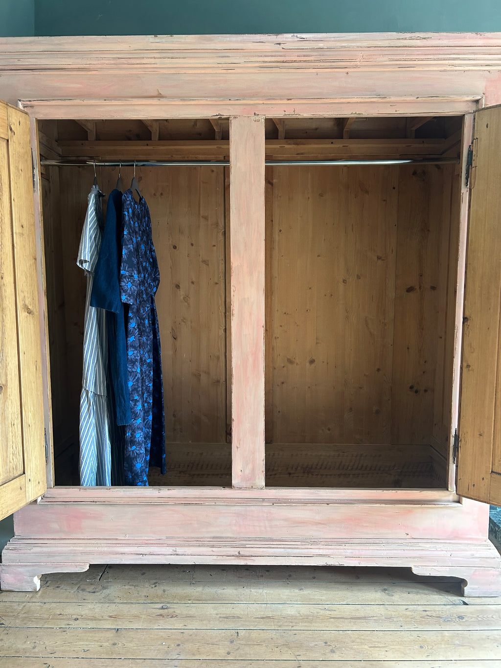 Vintage Painted Pine Large Double Wardrobe with Inlaid Chinoiserie