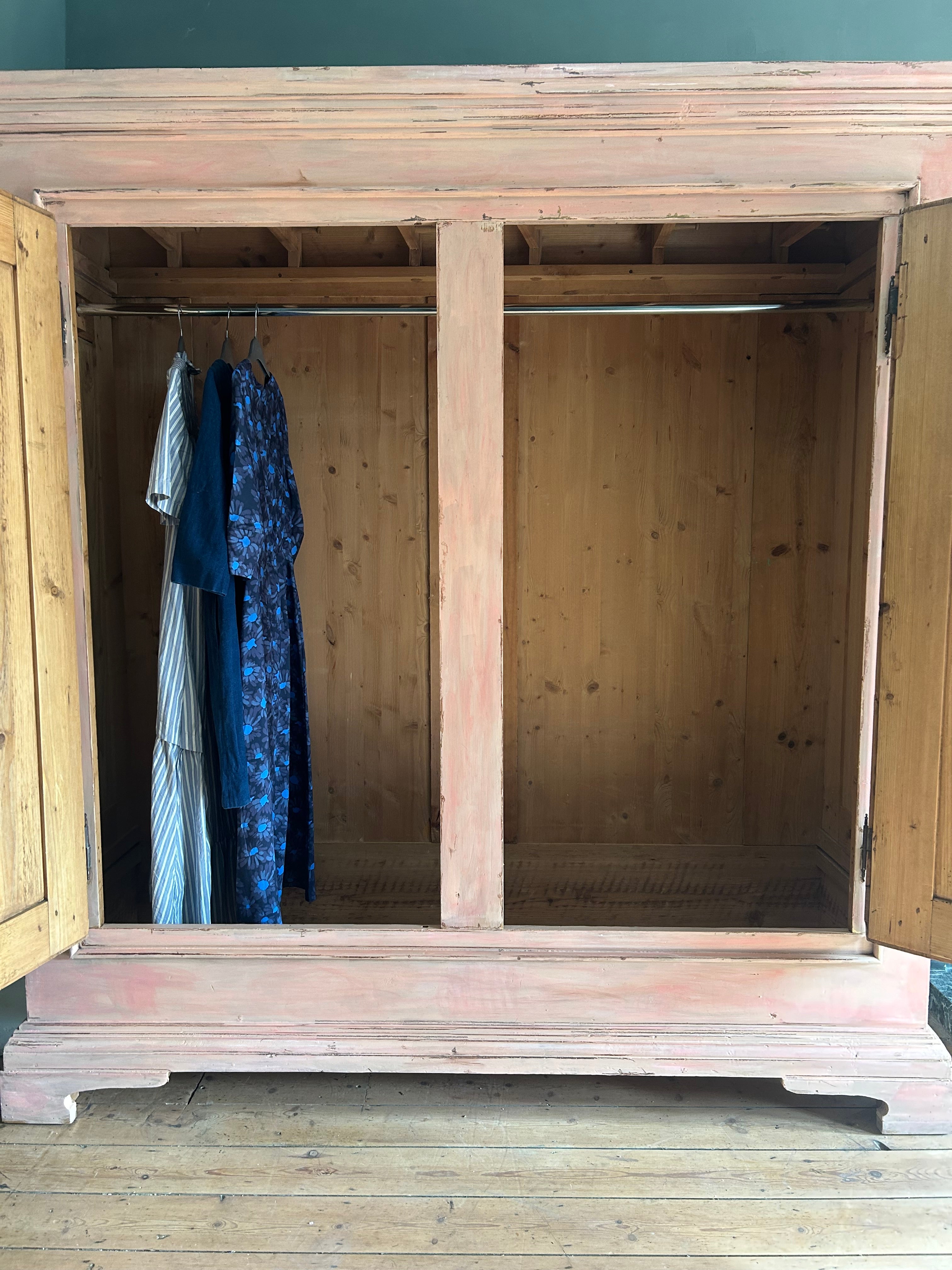 Vintage Painted Pine Large Double Wardrobe with Inlaid Chinoiserie