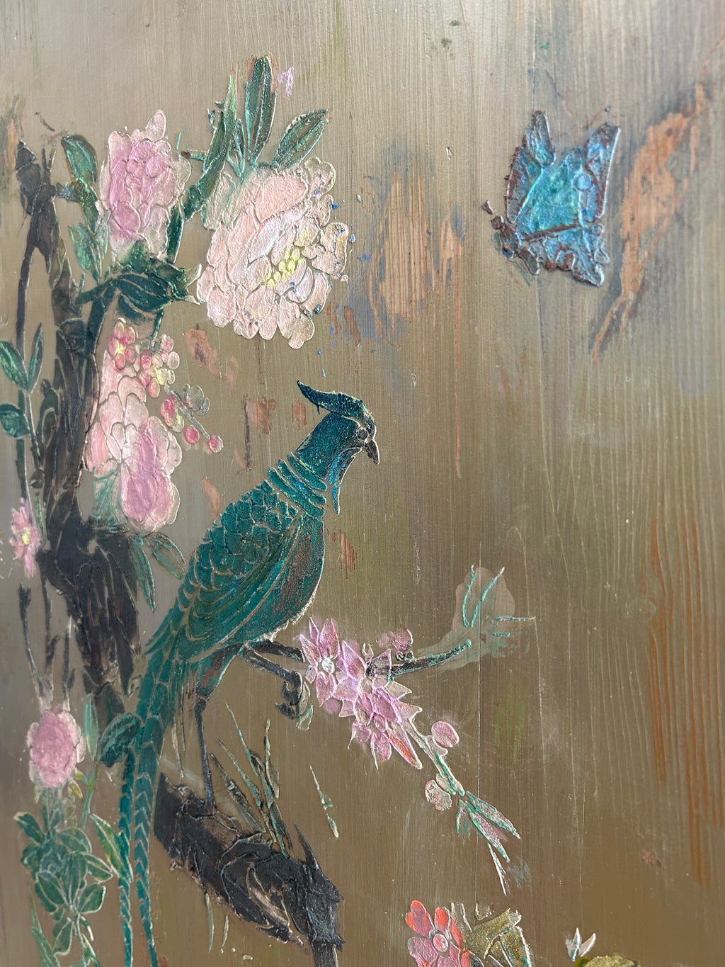 Vintage Painted Pine Armoire with Chinoiserie Panel
