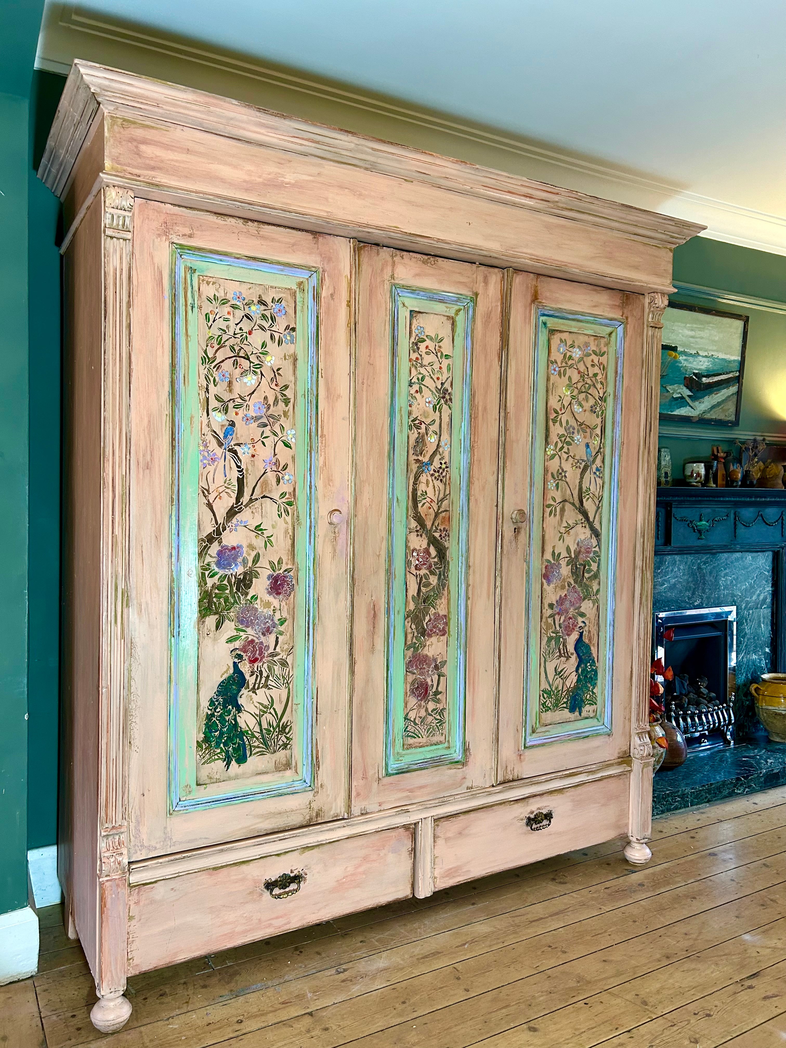 Vintage Painted Pine Large Wardrobe with Chinoiserie Panels