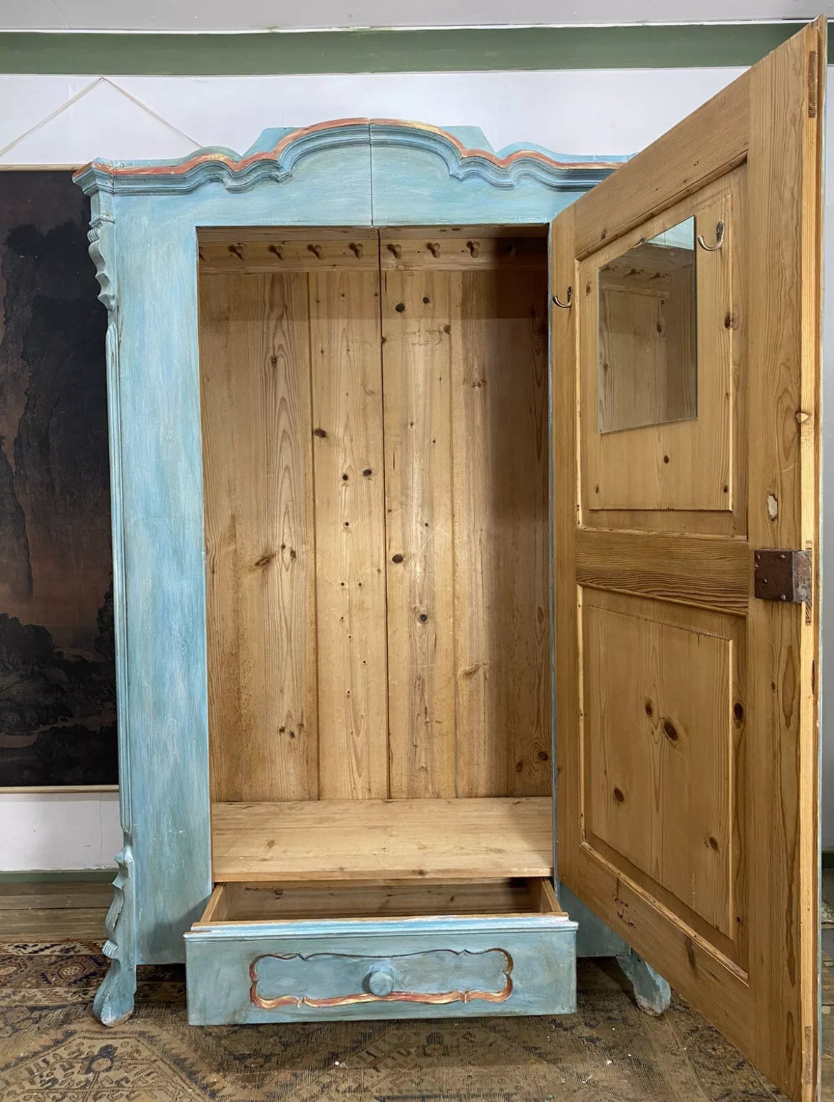 Vintage Painted Pine Wardrobe with Inlaid Bird Chinoiserie