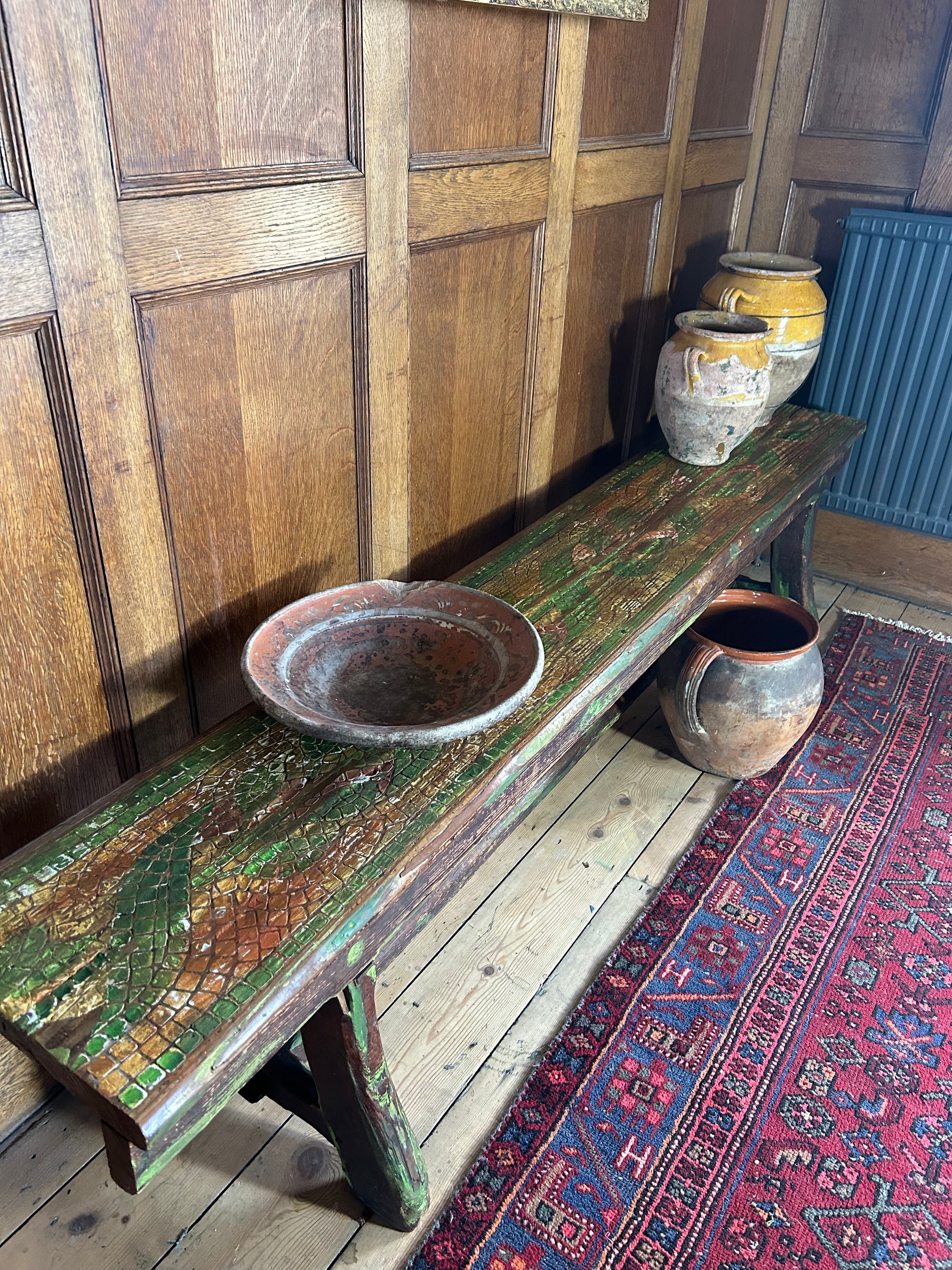 Vintage Painted Oak Bench with Inlaid Design