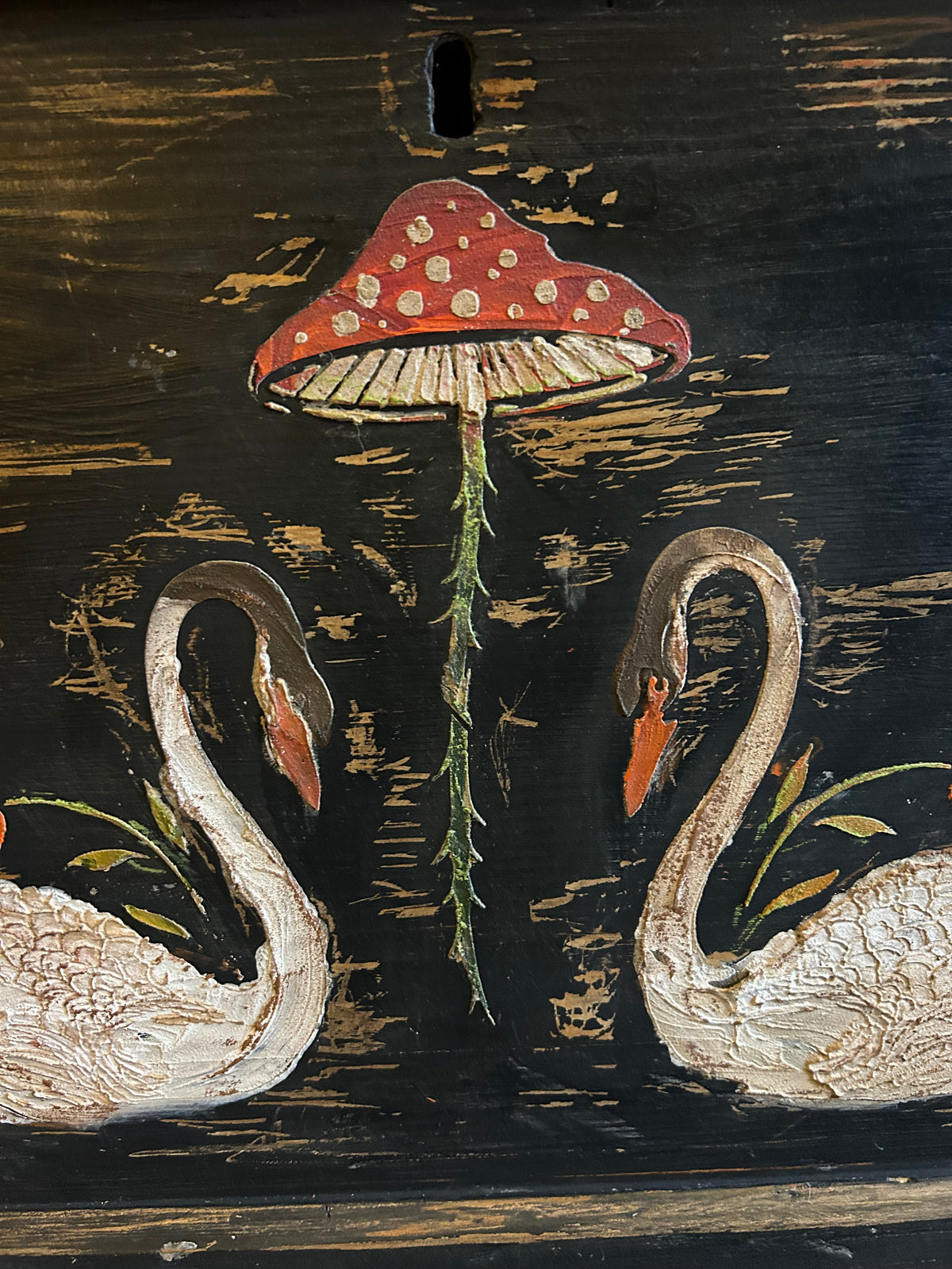 Vintage Painted Blanket Box with Folk Art Swans