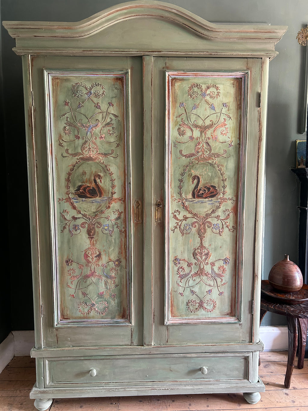 Painted Pine French Wardrobe with Chinoiserie Black Swan